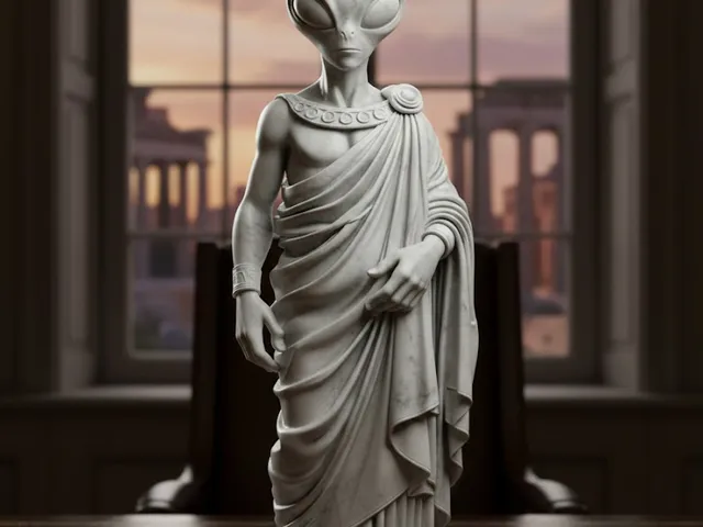 statue of an alien in a toga and Greek style