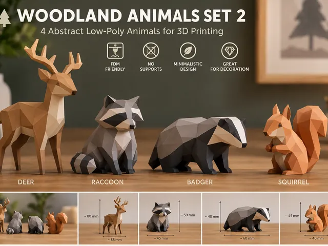 Woodland Animals Set 2 – Low Poly Deer, Raccoon, Badger & Squirrel