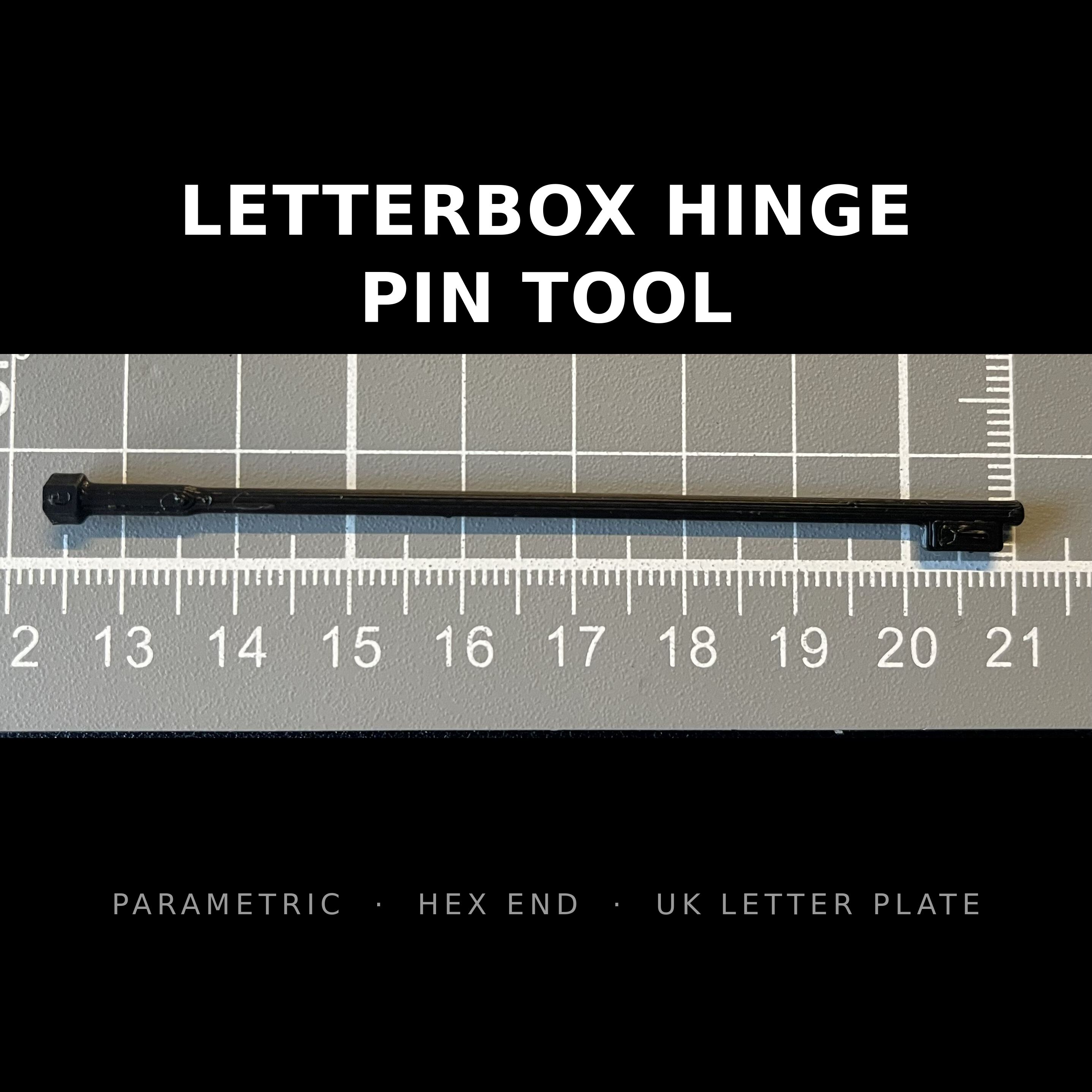 uPVC Letterbox Hinge Pin + Tool — Parametric (Hex End, UK Door Letter Plate)