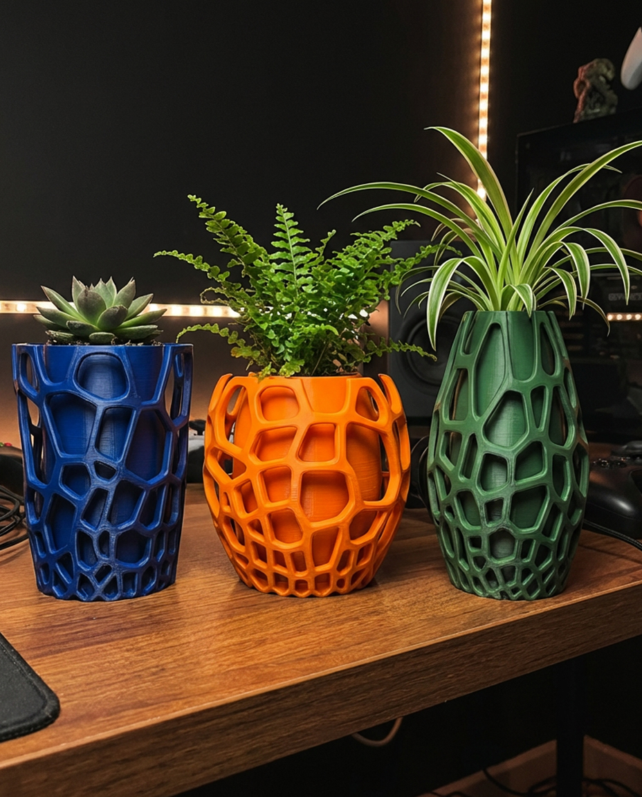 Voronoi Geometric Planter Set | Modern 3D Printed Flower Pot | Organic Mesh Decor