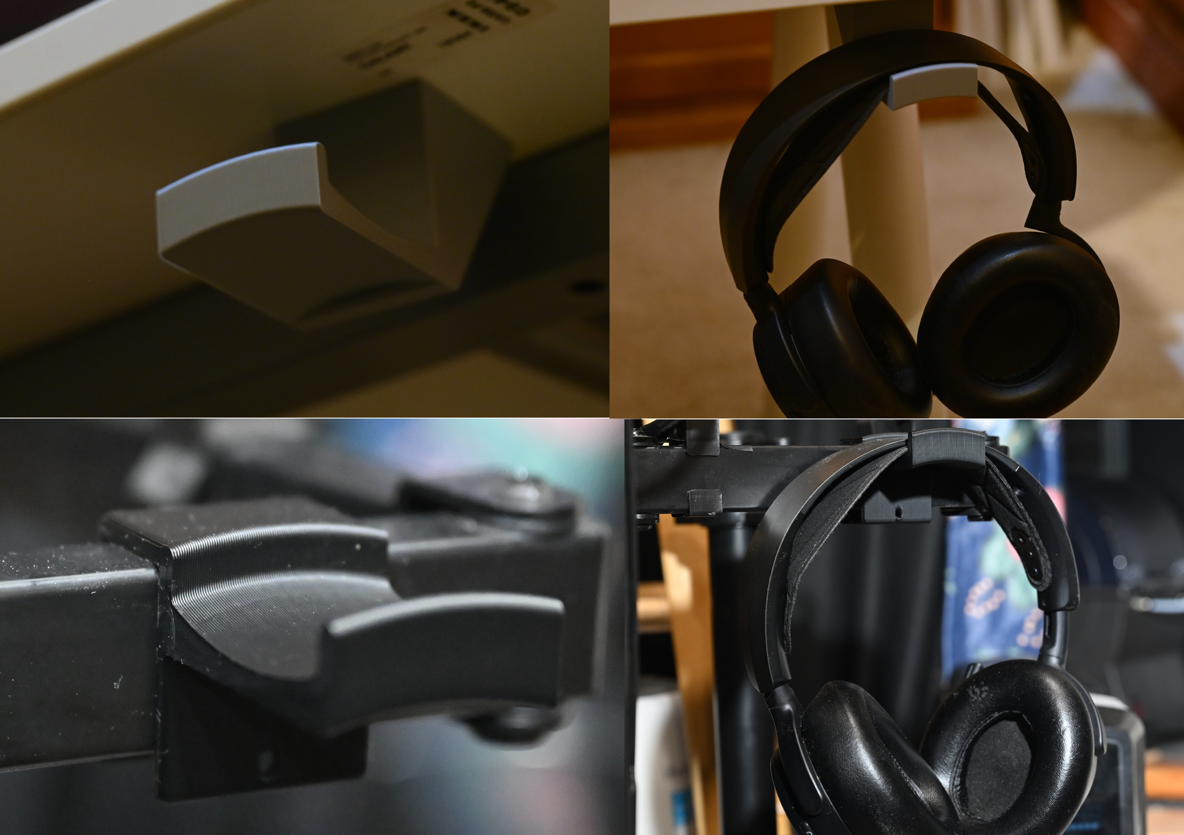 Hangers for Headset/Headphone - monitor arm and underdesk.  OpenSCAD file included