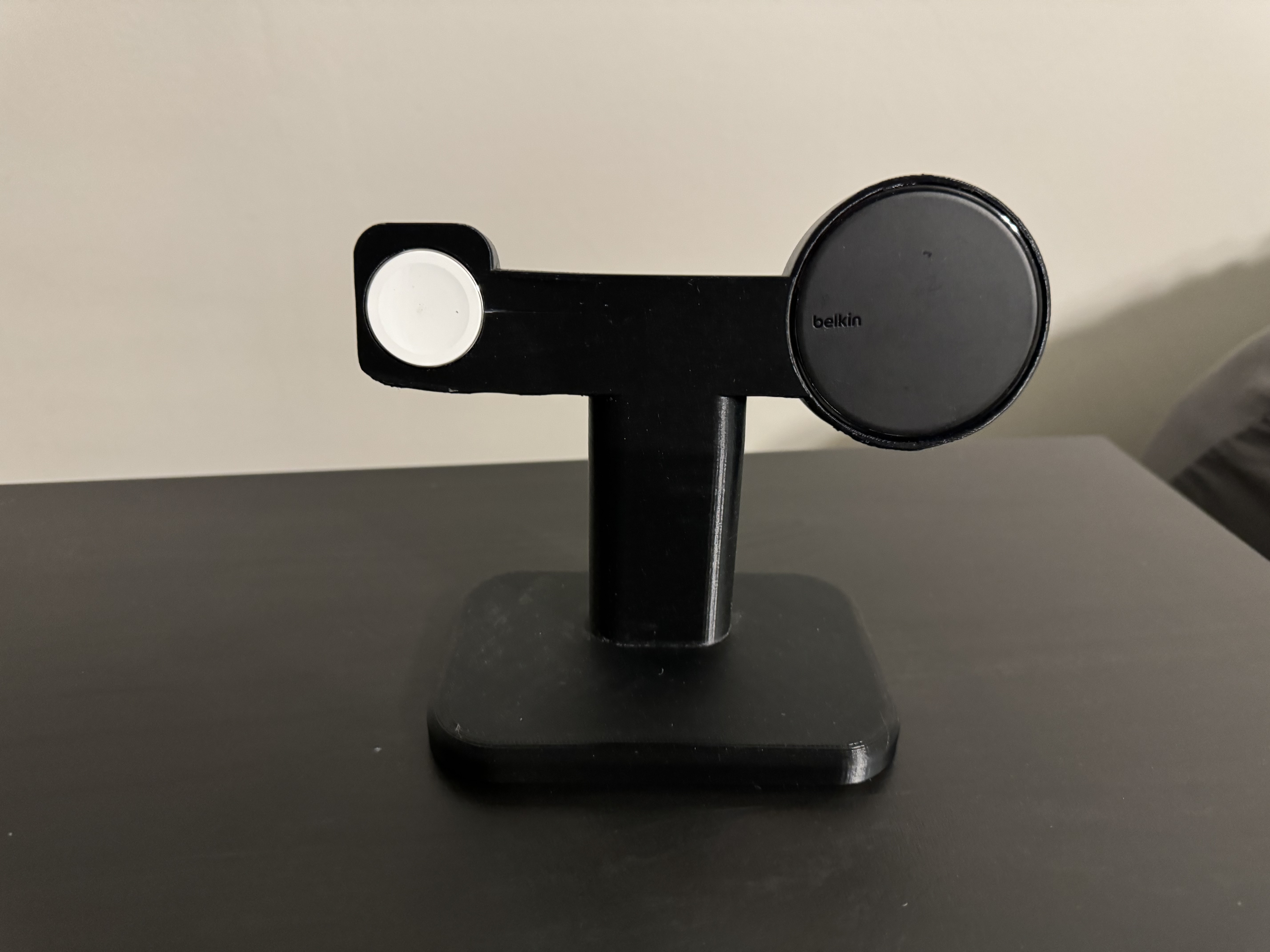 iPhone and Apple Watch charging station using Belkin MagSafe compatible charger.