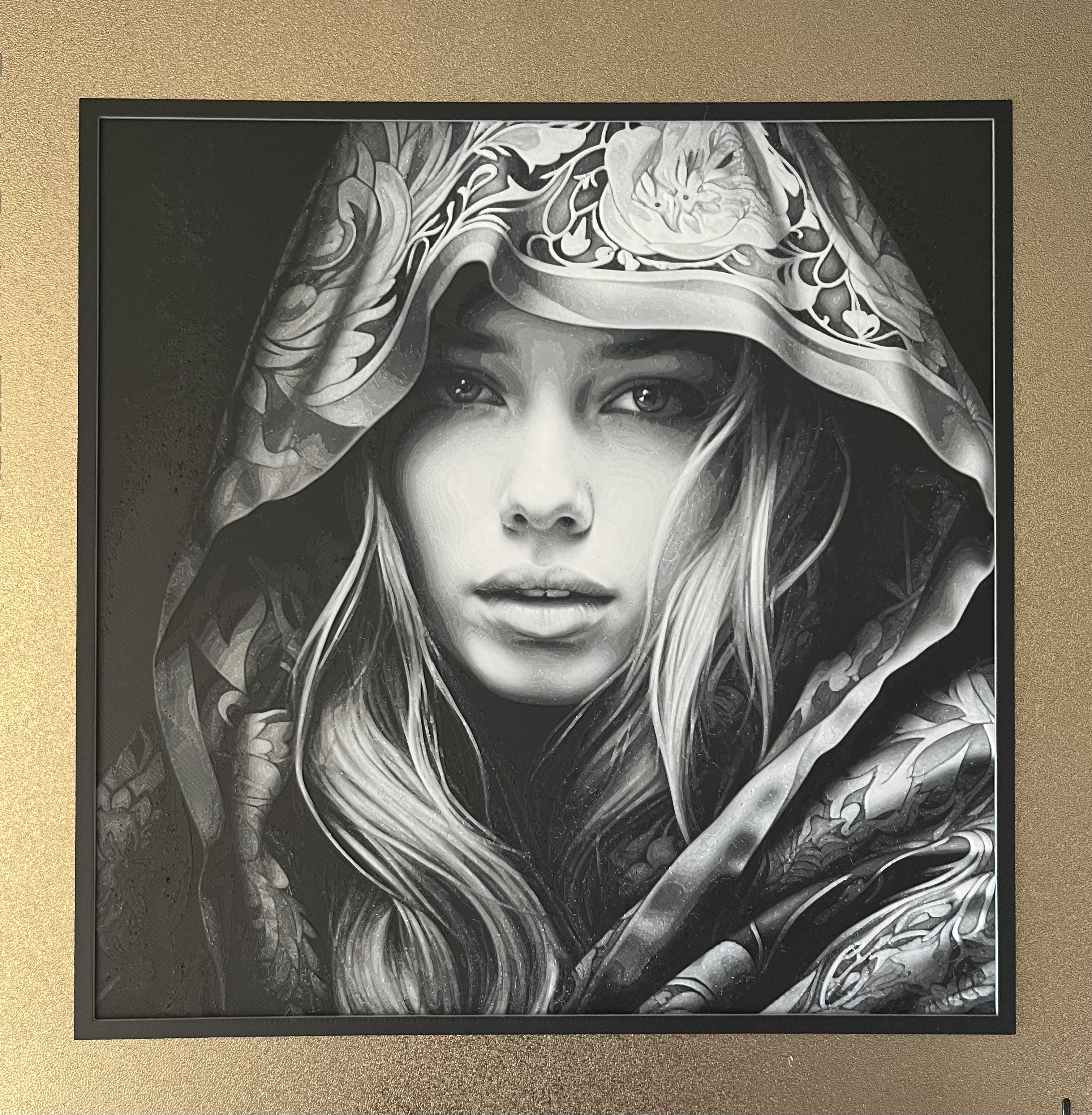 Hooded Female Greyscale Portrait 'Filament Painting'