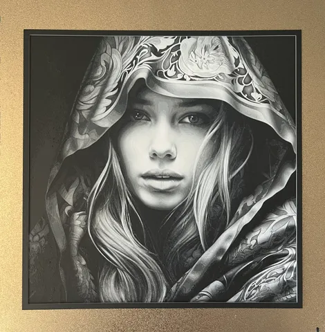 Hooded Female Greyscale Portrait 'Filament Painting'