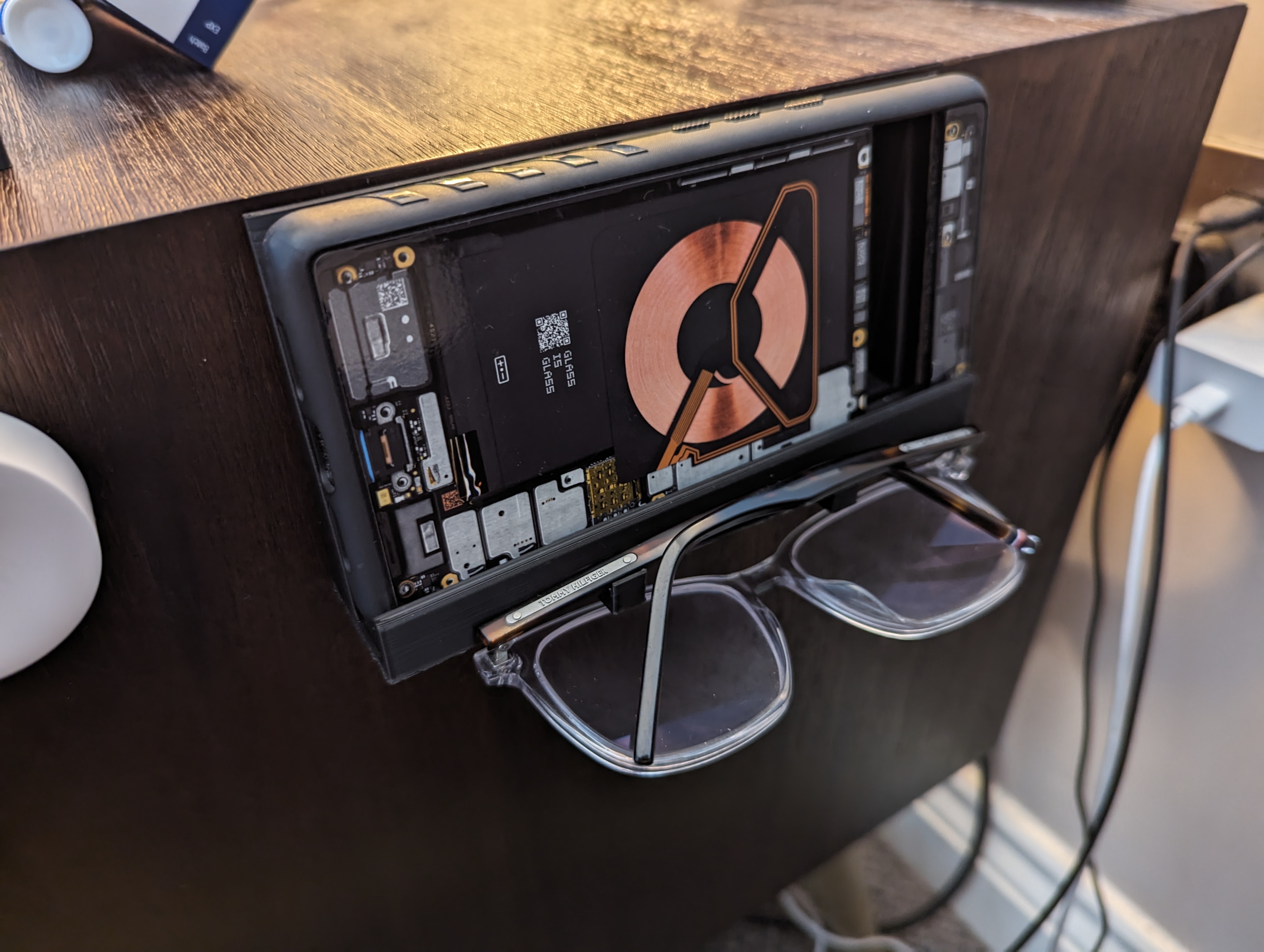 Bedside phone and glasses holder