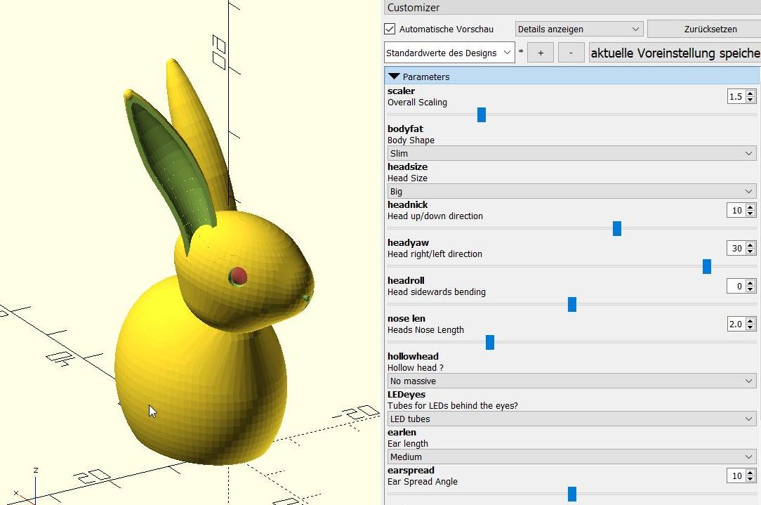 Creepy Bunny with red 3mm LED eyes (parametric for Openscad Customizer ...