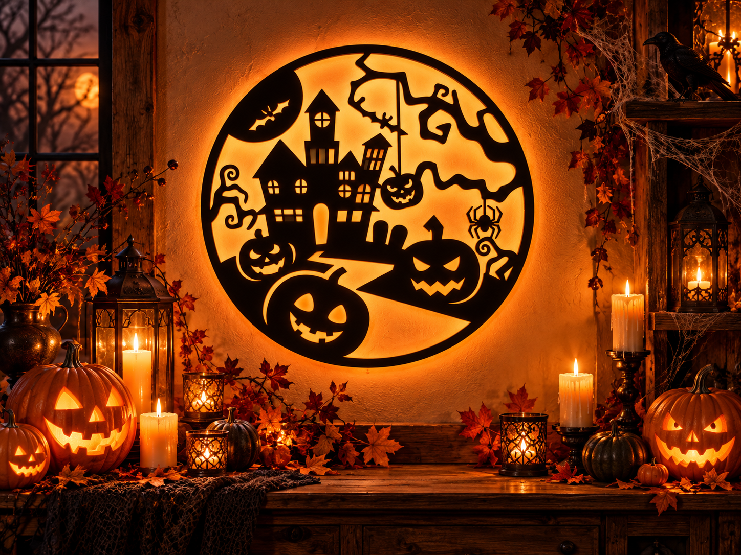 Haunted Halloween Circle Wall Art – Ghosts, Pumpkins & Spooky House