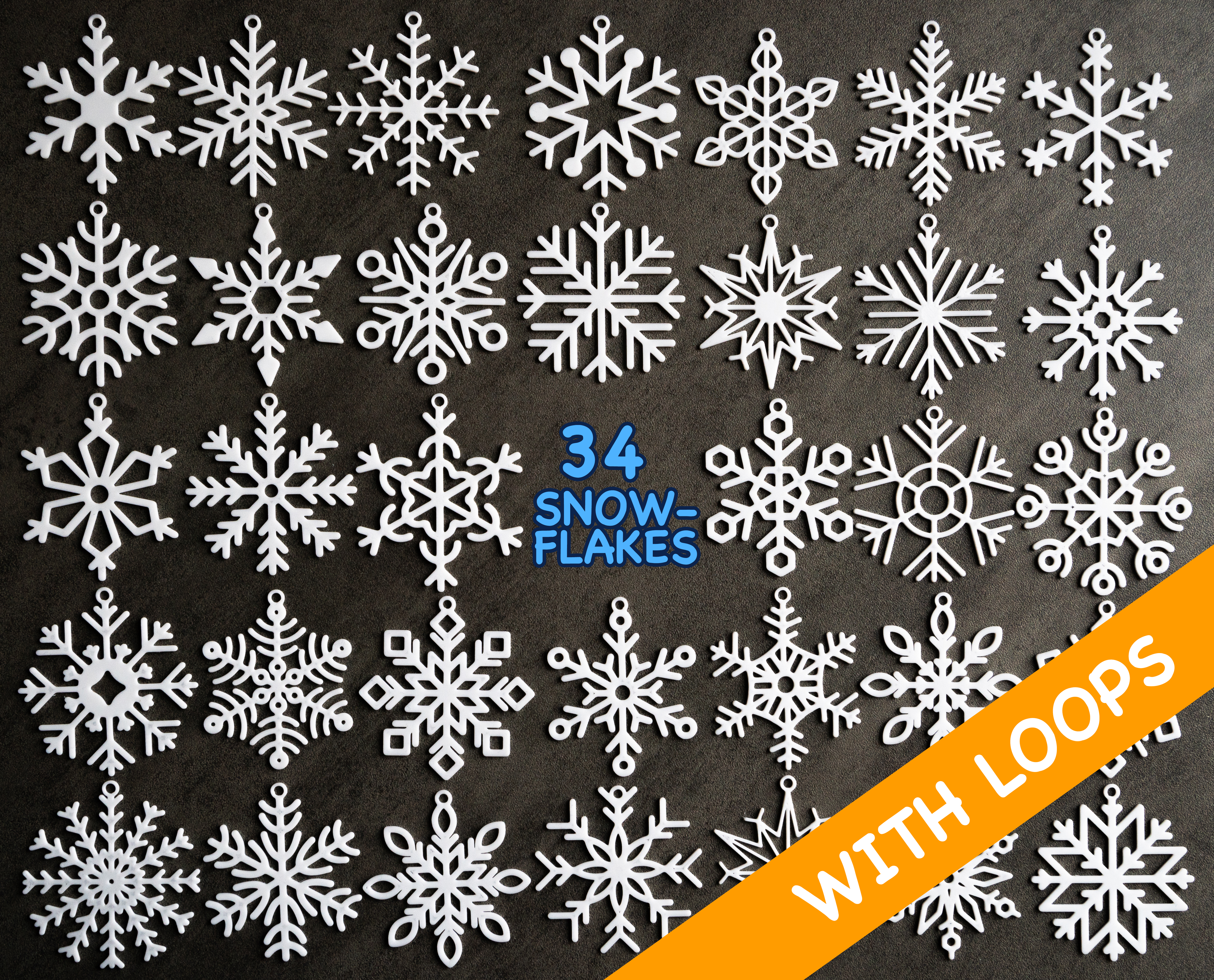 34 Snowflake collection with hanging loop / Kolekce sněhových vloček s očky / Schneeflocken