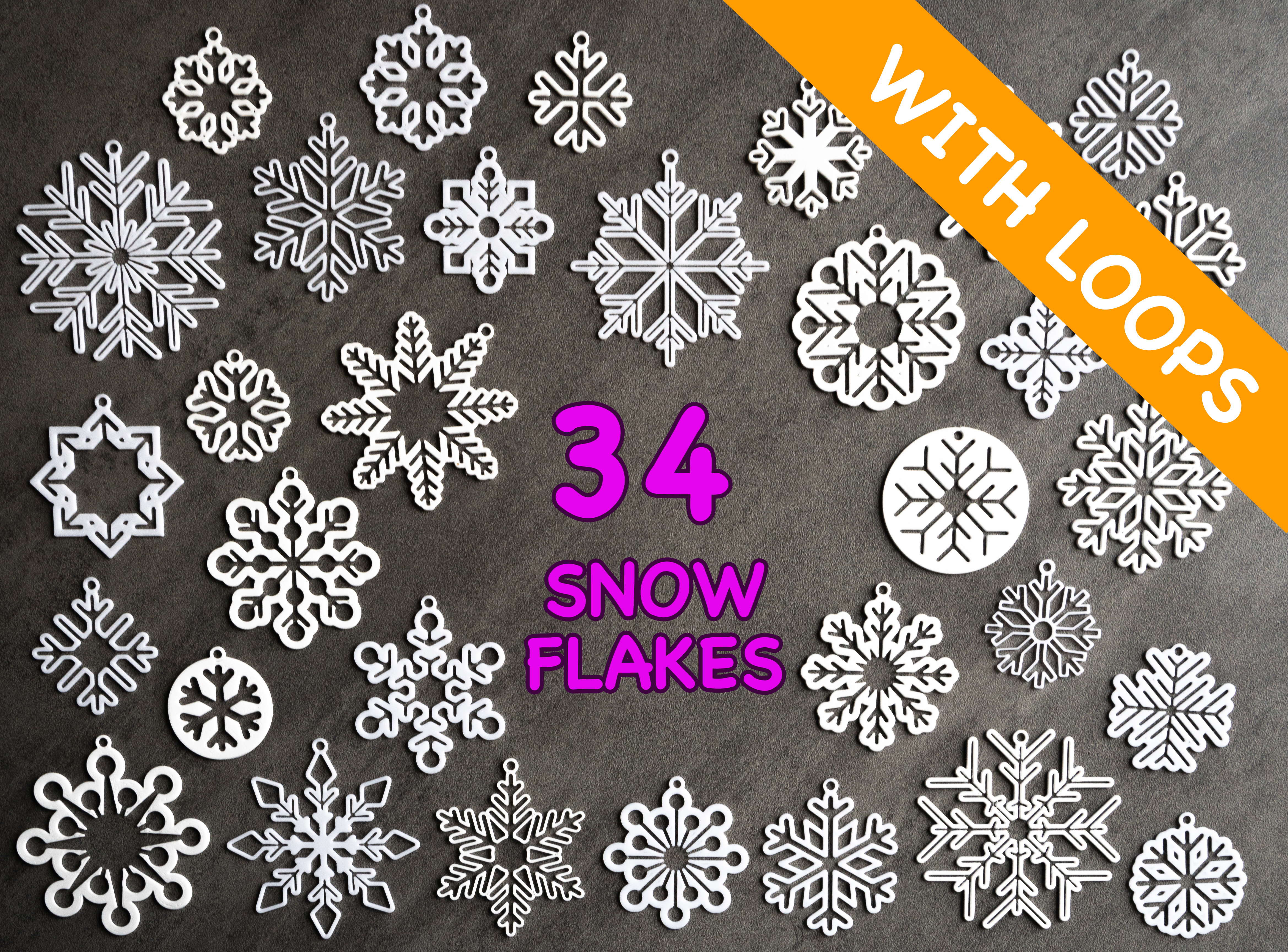 34 Snowflake silhouette collection with hanging loops / Kolekce sněhových "obrysových" vloček s očky / Schneeflocken