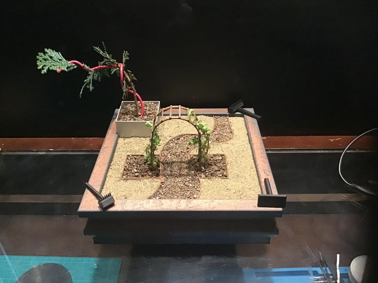 Large Zen Garden with Bonsai tree and small plant pots and drip