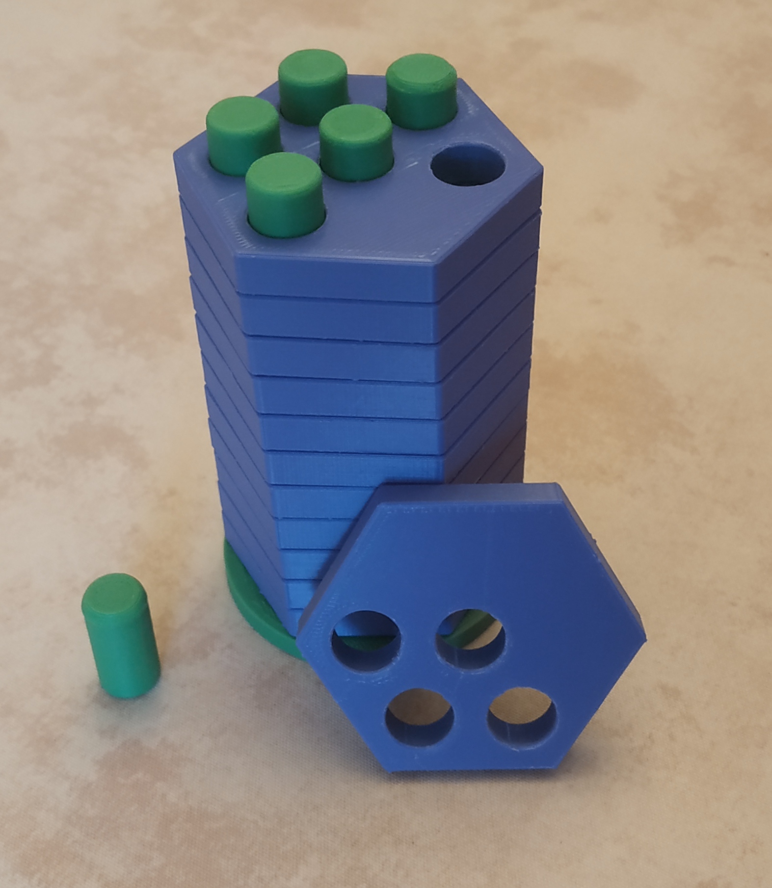 Hexa Dowel Puzzle (alternate stands and pin box) + solution