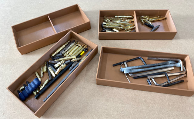 Stackable tool storage trays.