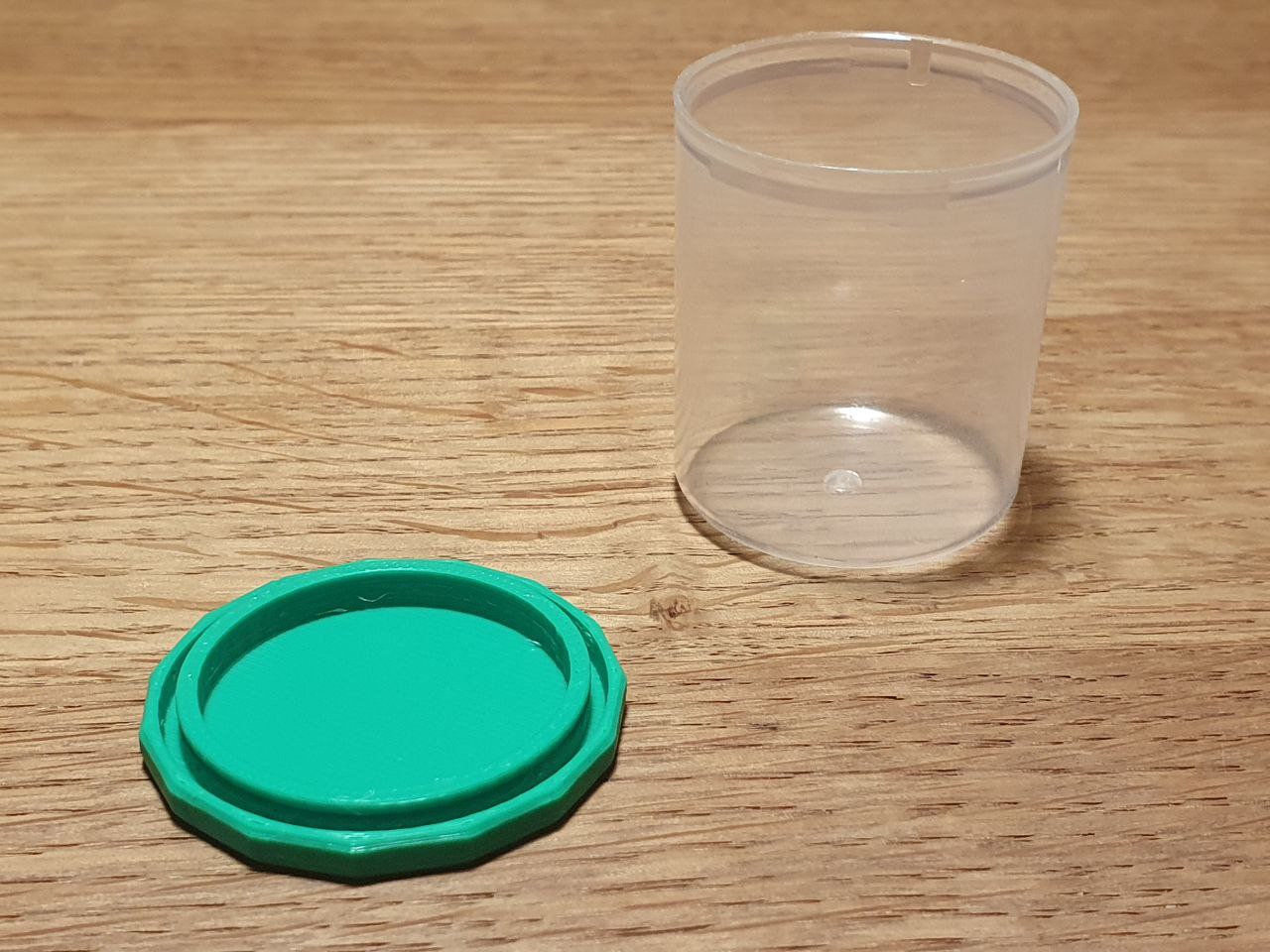 Snap Cover for small plastic container, re-used from spray can