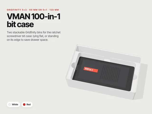 Gridfinity Bins for VMAN 100-in-1 Bit Case – Flat 5×3 or On-Edge 5×1, Stackable, 2 Colours