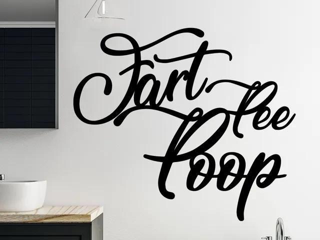 "Fart, Pee, Poop" decorative cursive bathroom decor sign