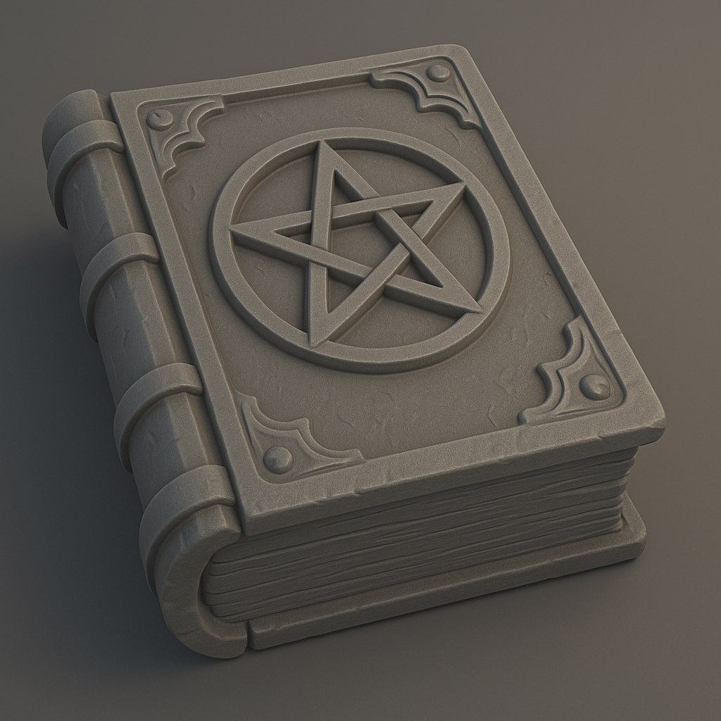 A closed Halloween spell book with a raised pentagram symbol on the cover, thick spine, and worn edges