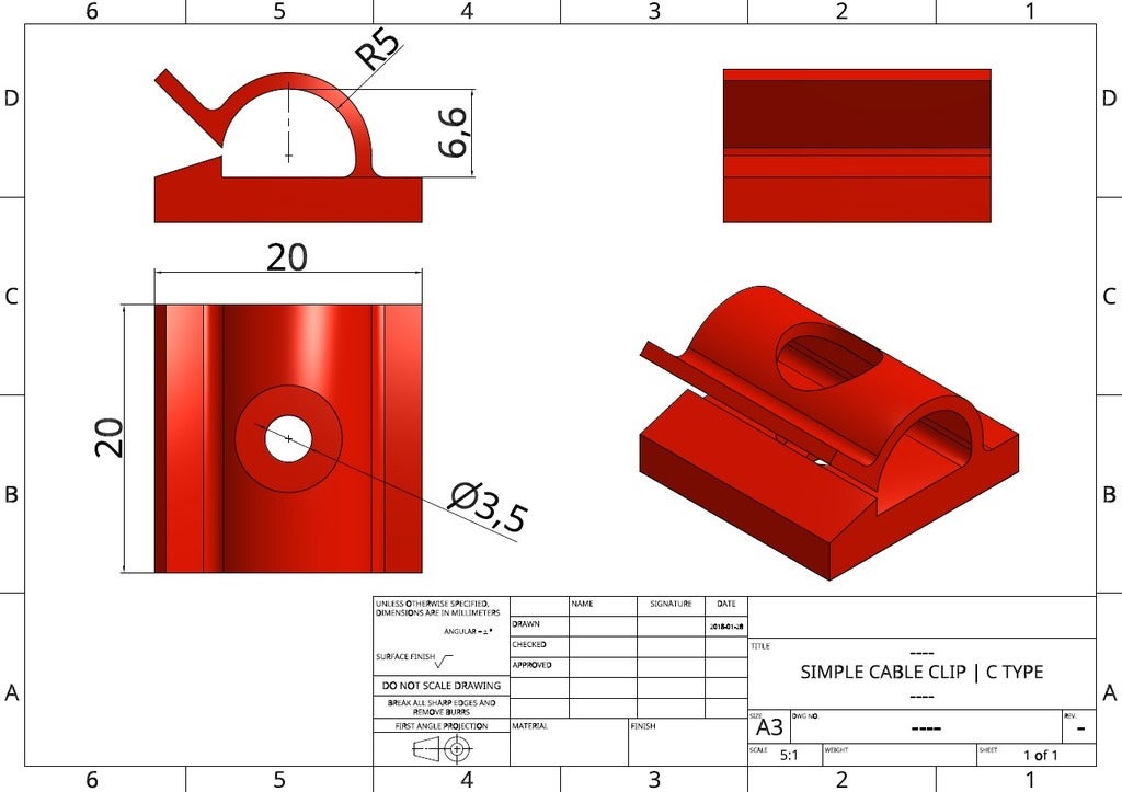 SIMPLE CABLE CLIP | C TYPE | SCREW OR SELF-ADHESIVE MOUNT | ø6mm