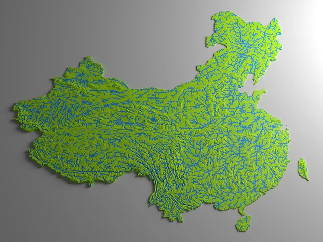 China Mainland/Hainan/Taiwan 3D Topo Relief Map with Streams and Lakes