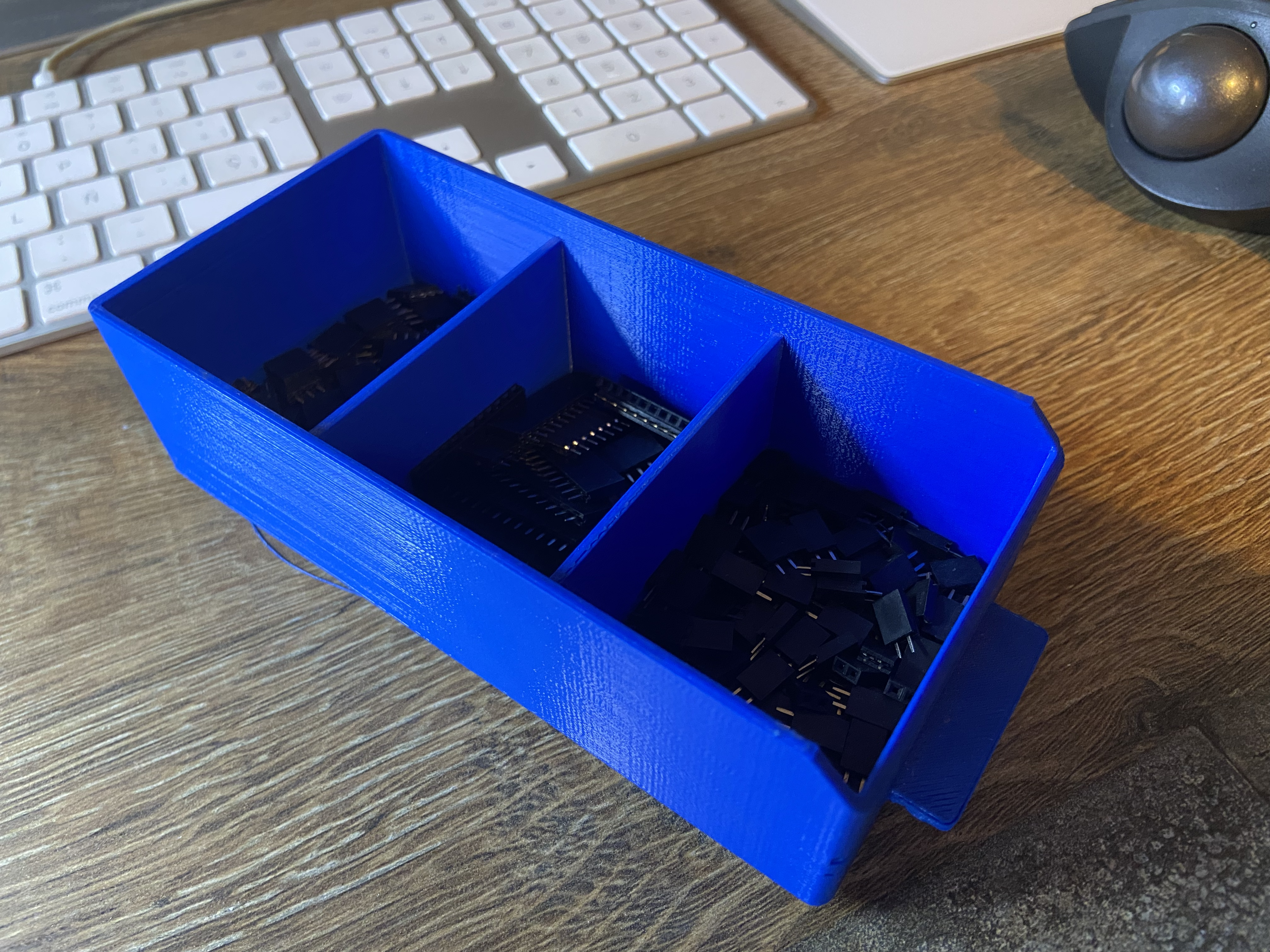 Stackable bins for little components.