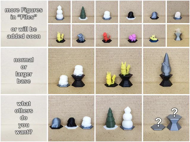 More figures for Prusa balance game - Darth Vader, Stormtrooper, Mandalorian, Yoda, Dwayne The Rock Johnson, Pinguin, Tux, Snowman, Christmas Tree, Gnome, Santa, Benchy, Pikachu, Cyndaquil, Totodile, Bulbasaur, Squirtle, Charmander, Moai, Football Player