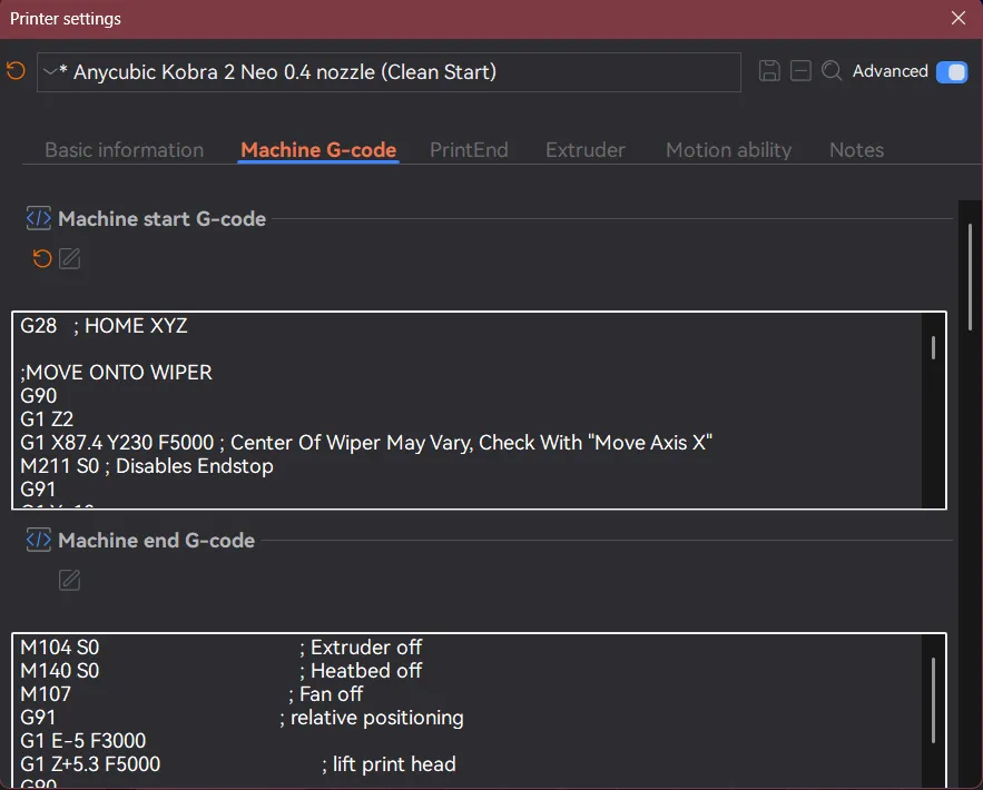 Kobra Neo 2 Clean Start/End Script by SpecWorkz | Download free