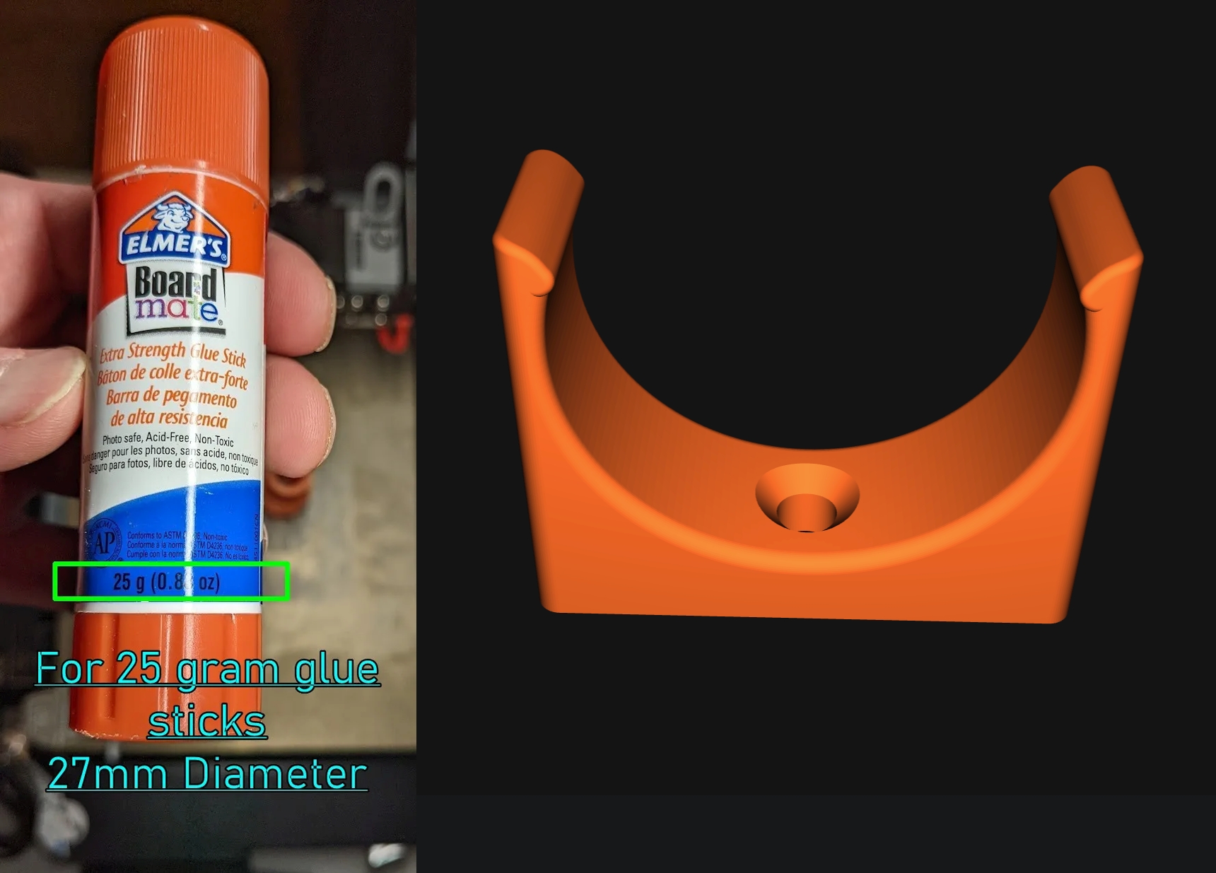 Glue stick holder clamp for the 27mm wide/25 gram size with M3 countersunk screw hole