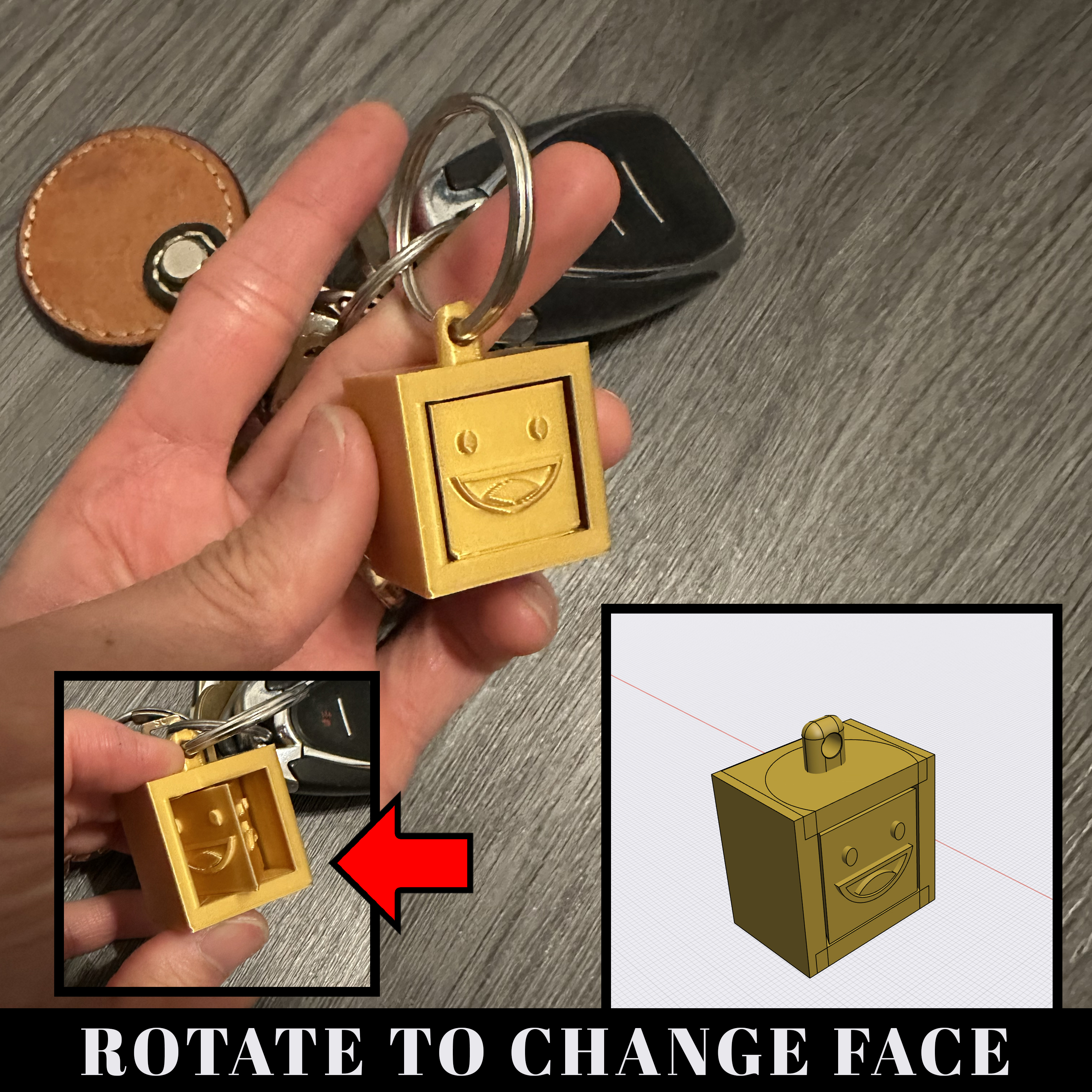 3 Face Emoji Cube Keychain Pendant | Sad - Happy - Angry | Rotate to change face