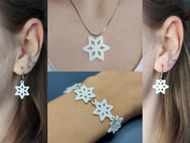 Snowflake jewelry: A set of earrings, bracelet and necklace pendant