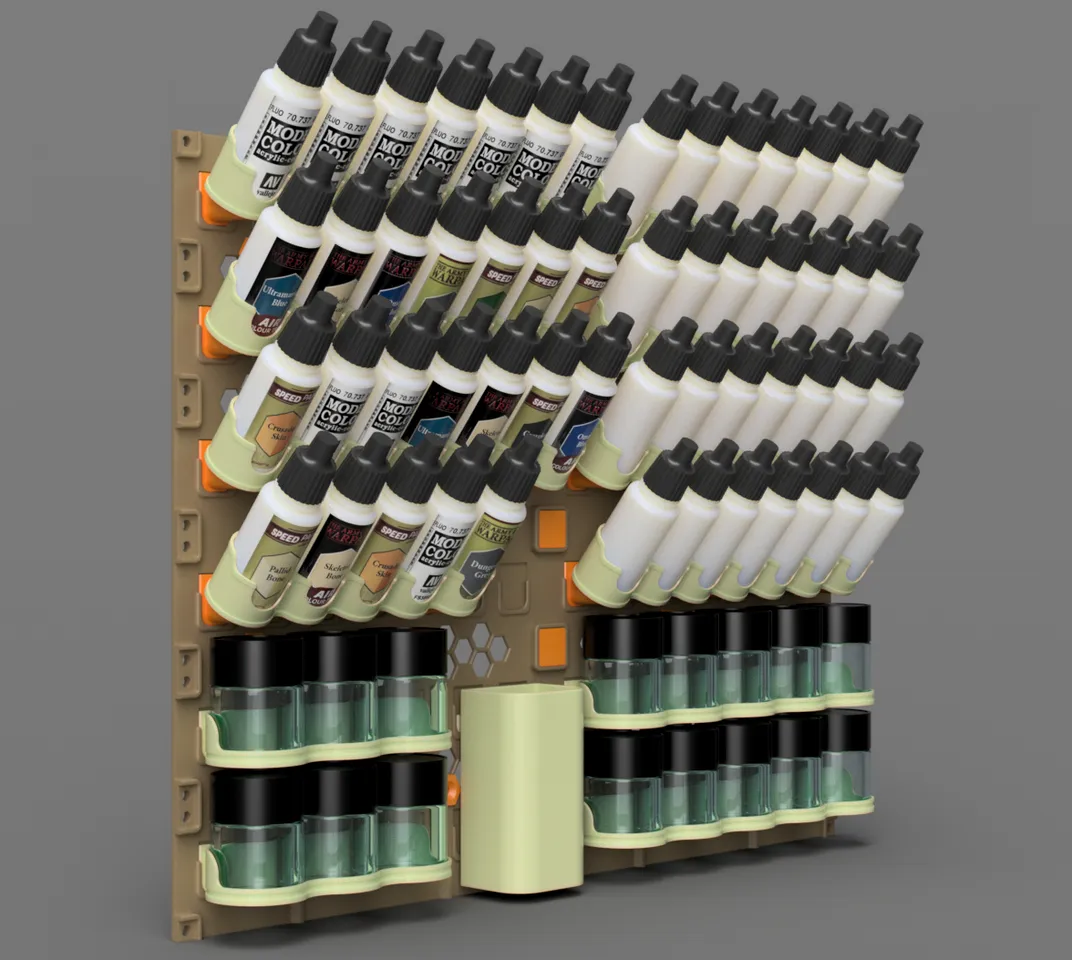 STL file Citadel Modular Paint Bottle Rack/Organizer/Holder - (6 Bottle)  32mm, Citadel, 32mm, Wall mount, Model paints, Art-tool, Paint rack, Paint  jar holder, Paint storage organizer, Airbrush, Desk organizer, Wall rack,  Miniatures