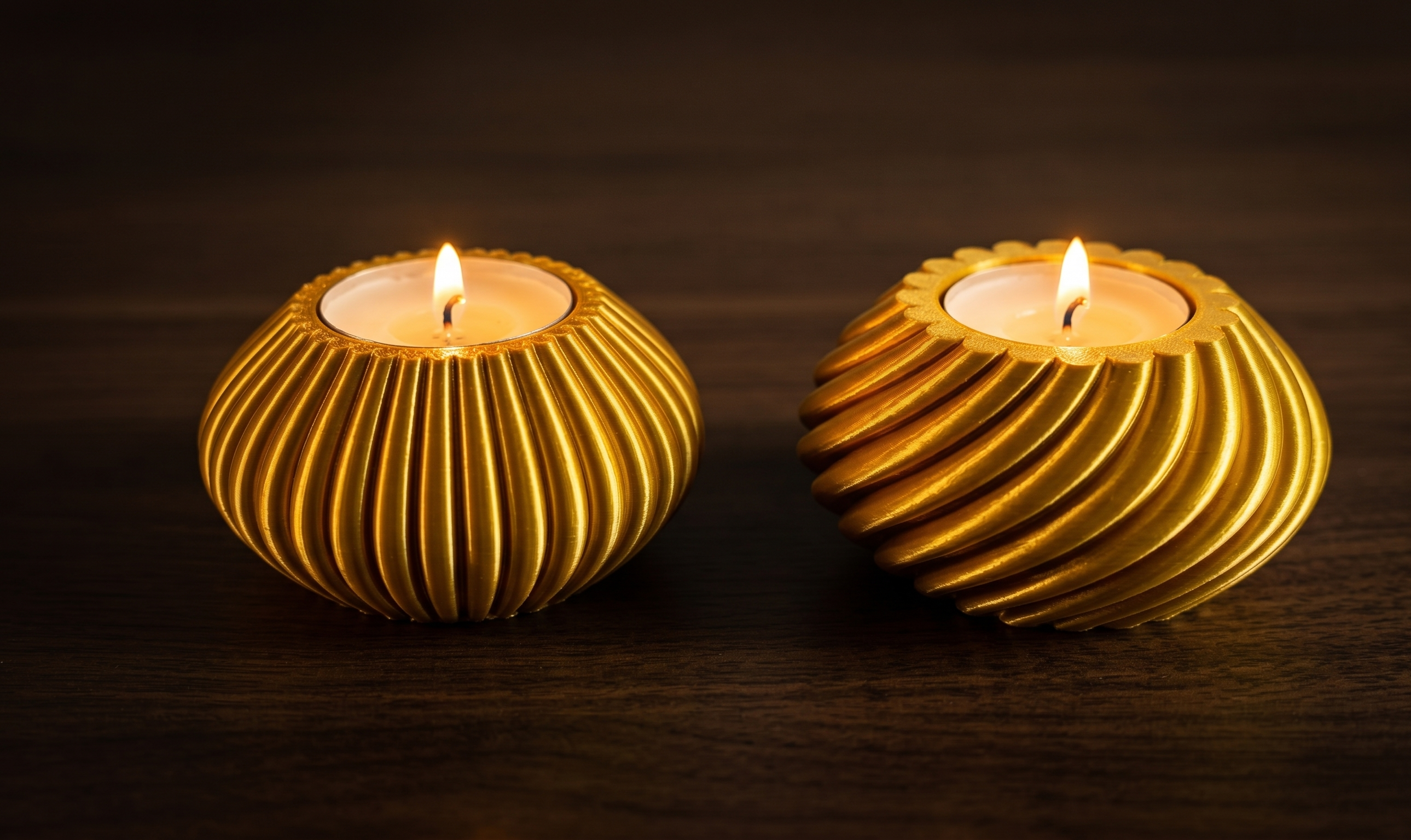 Elegant Gold Ribbed Tealight Holders Set