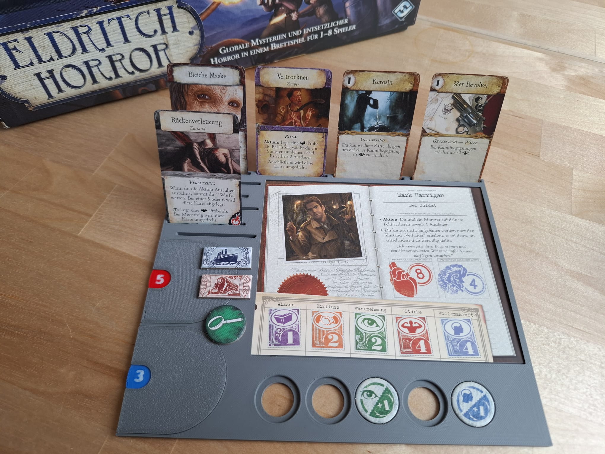 Eldritch Horror Character Sheet with tracker and card holder