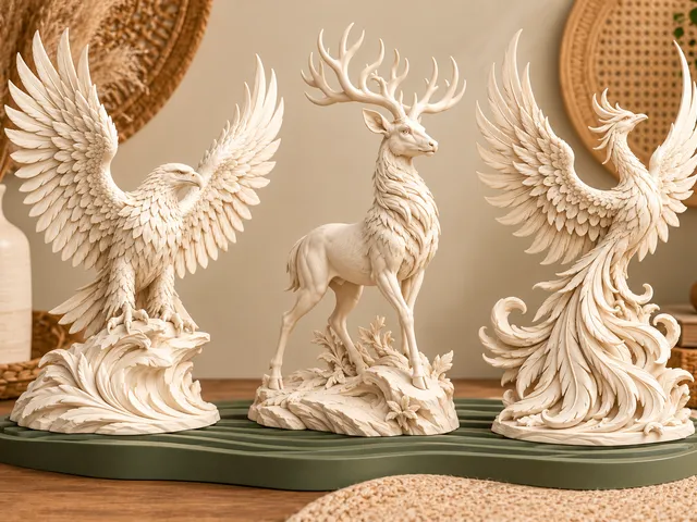 Ivory Eagle, Stag and Phoenix Statue Set