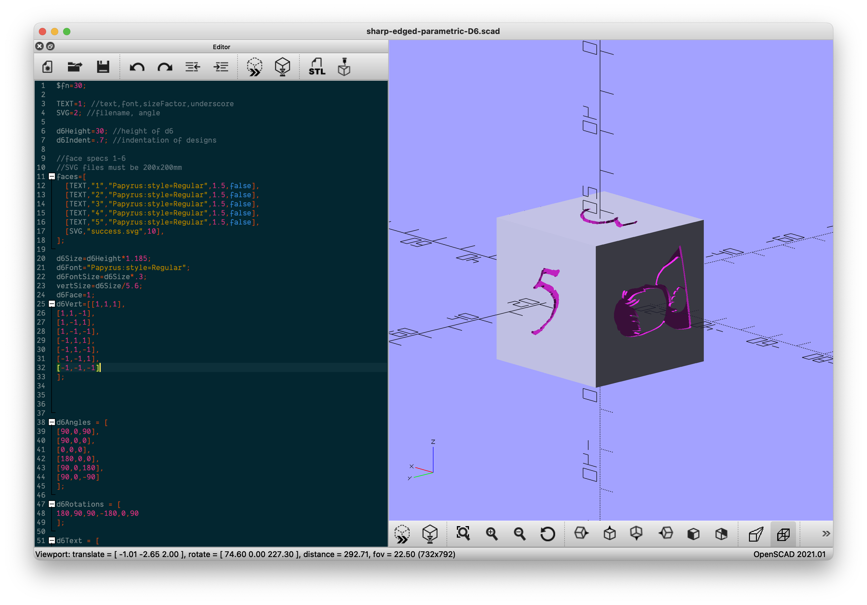 Sharp Edged parametric D6 with ~~cursed~~ custom font