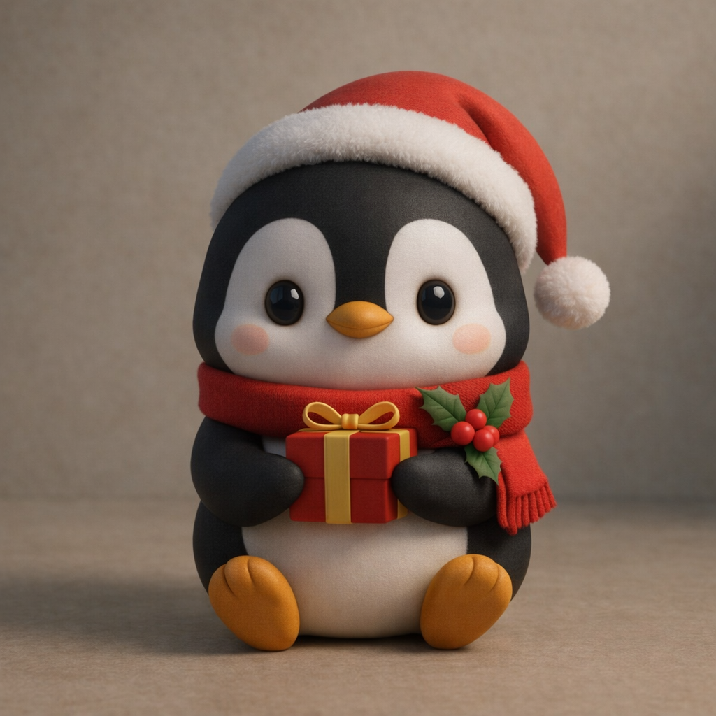 Cute Christmas Penguin Holding a Gift (Santa Hat & Scarf)