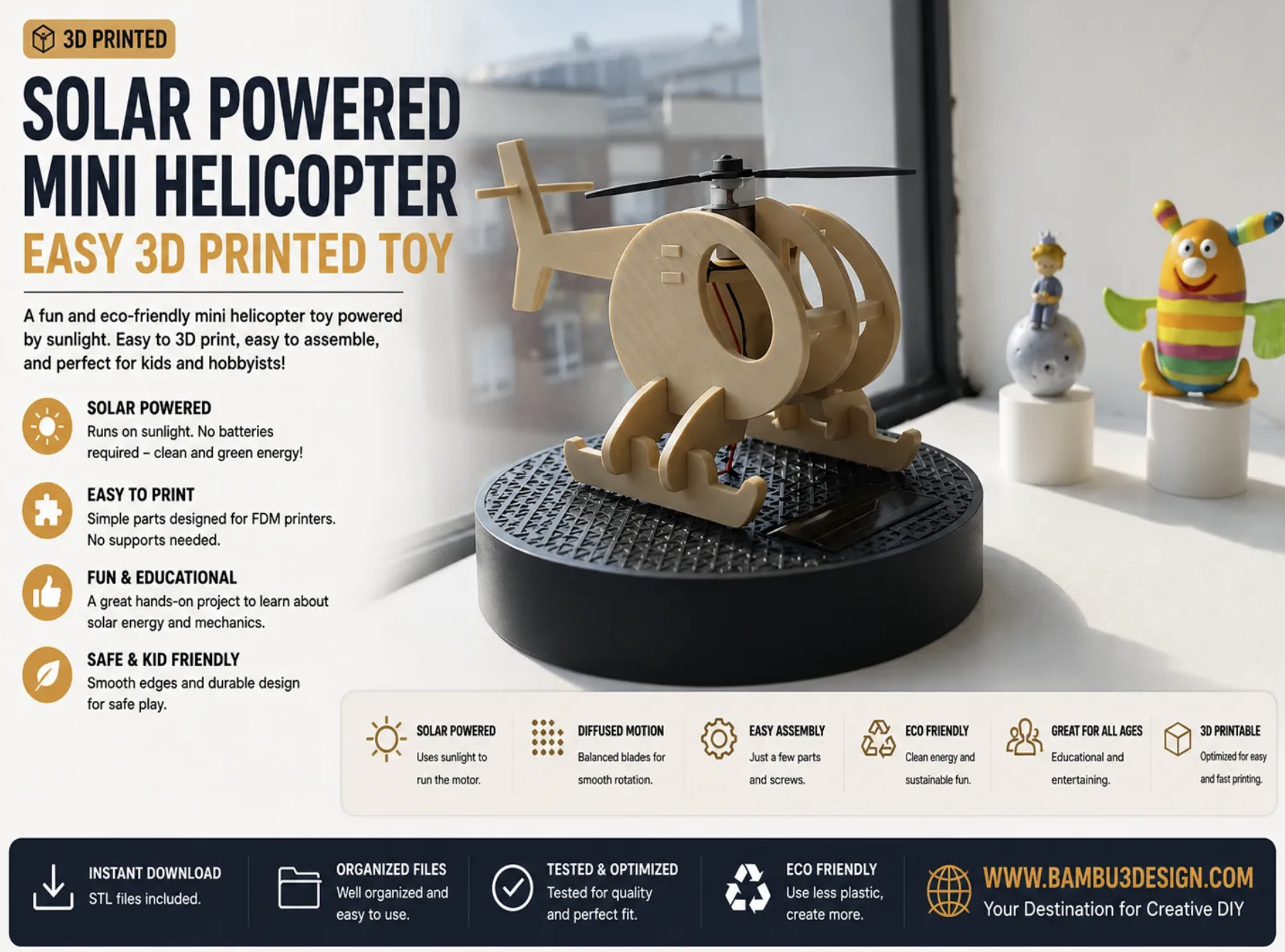 Solar Powered Mini Helicopter –Easy 3D Printed Toy