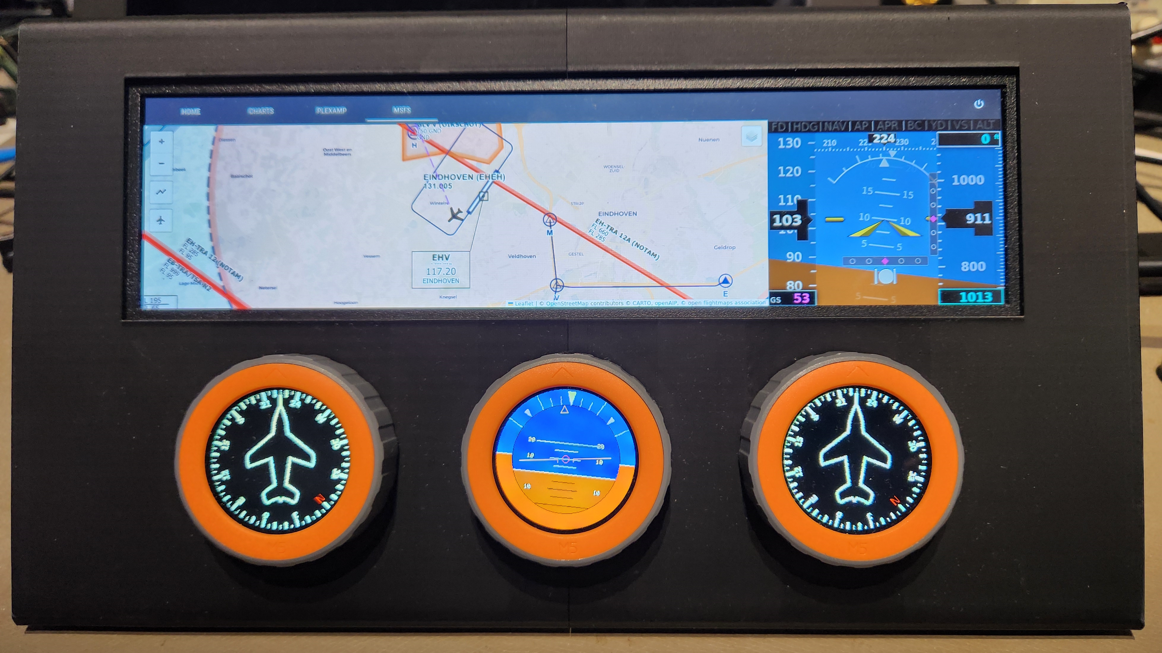 Gridfinity dashboard module for 8.8" 1920x480 ultra-wide touch screen and 3 M5Stack dials