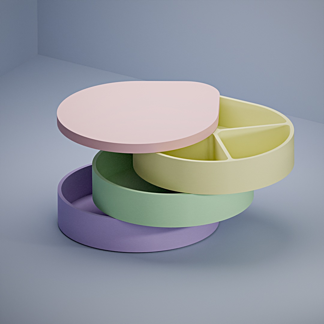 Jewelry box with 3 rotating compartments