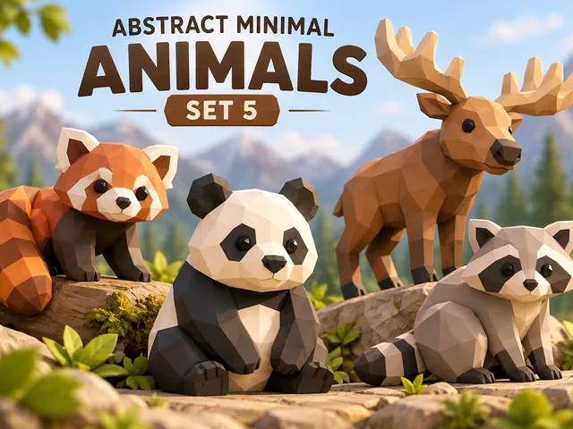 Abstract Minimal Animals – Set 5 | Low Poly Red Panda, Panda, Moose & Raccoon