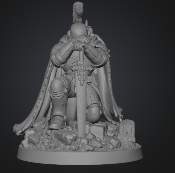 Elite Oath Sworn Bastion Knight crouched in prayer with Sword and Shield