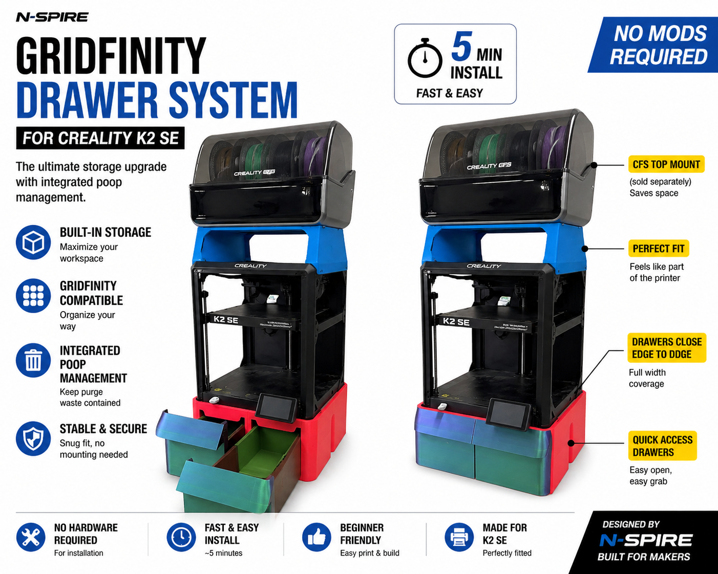 Creality K2SE K2 SE Upgrade: Gridfinity Drawer System + Clog-Resistant Poop Chute (No Mods) Quality of life upgrade!