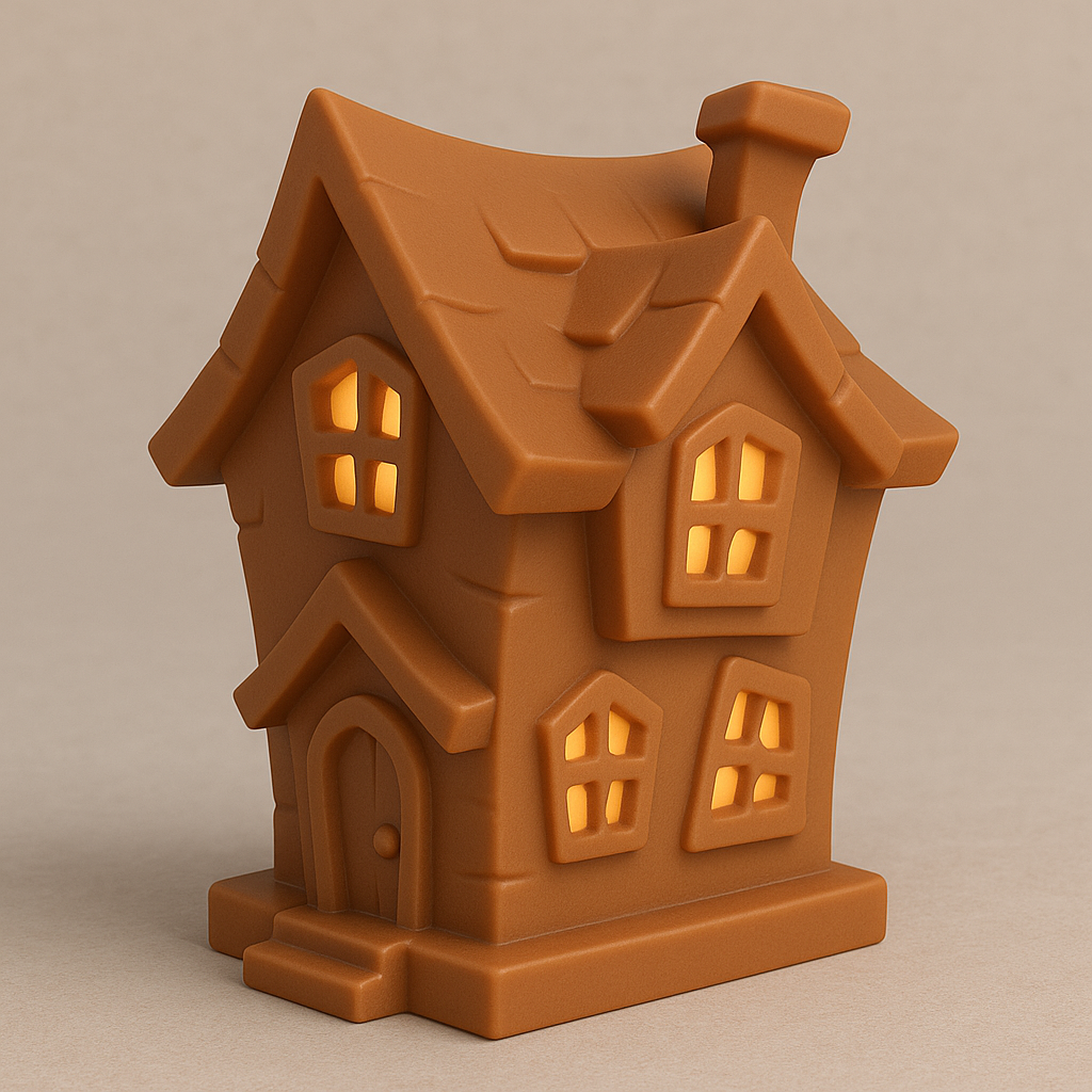 A small stylized haunted house with crooked roof, windows, and a door.