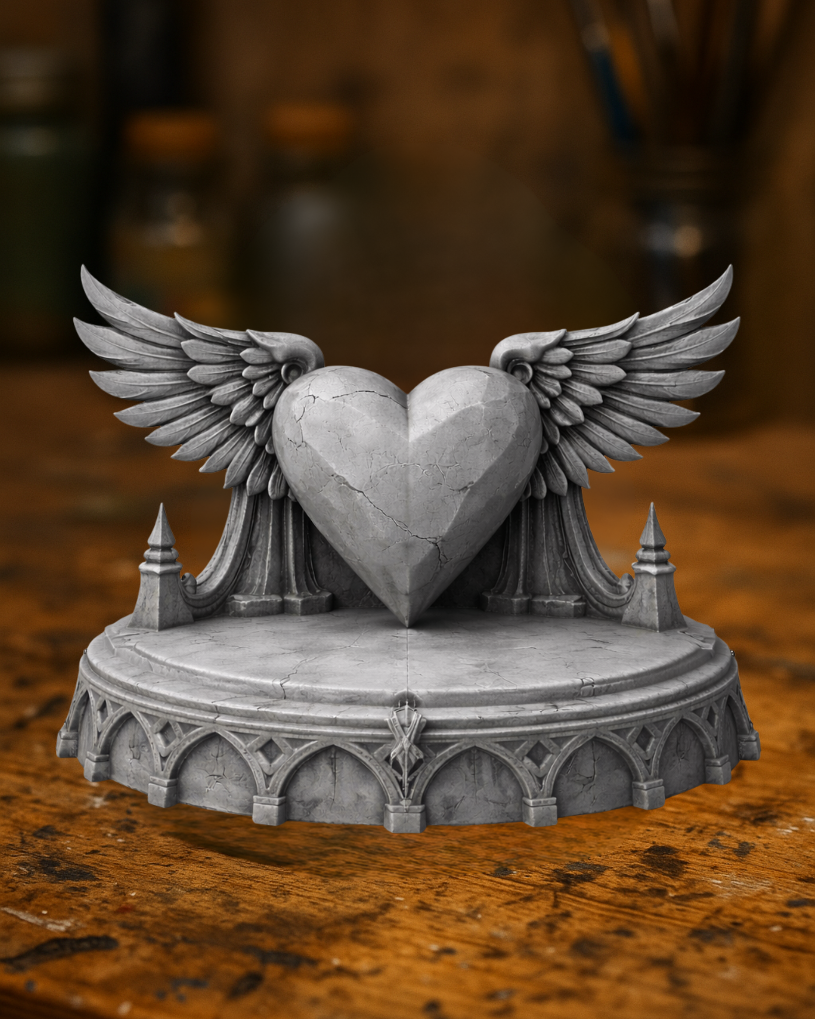 Winged Stone Heart Sculpture