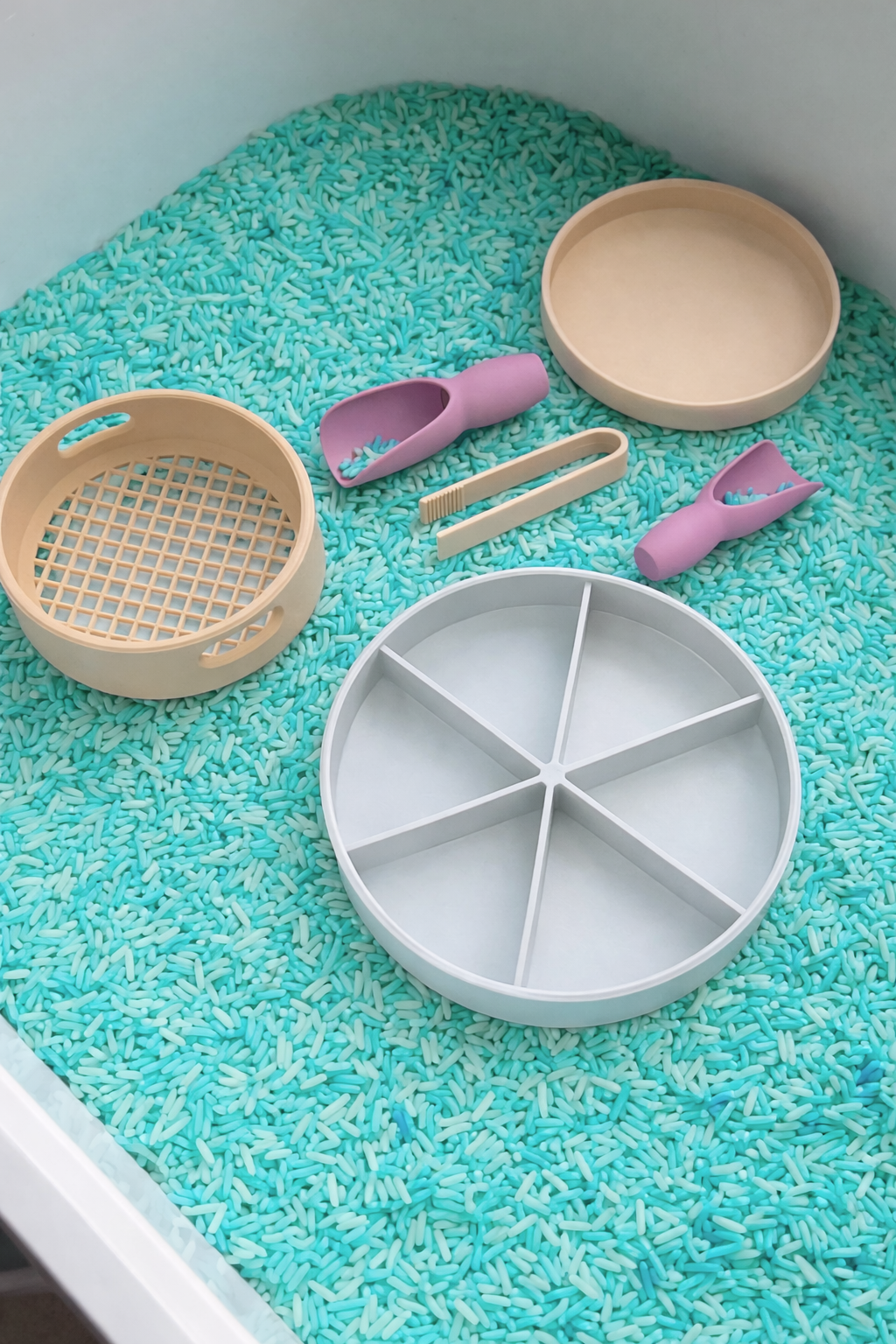 Montessori Sensory Tools Set – Scoop, Sieve, Tweezers & Plates