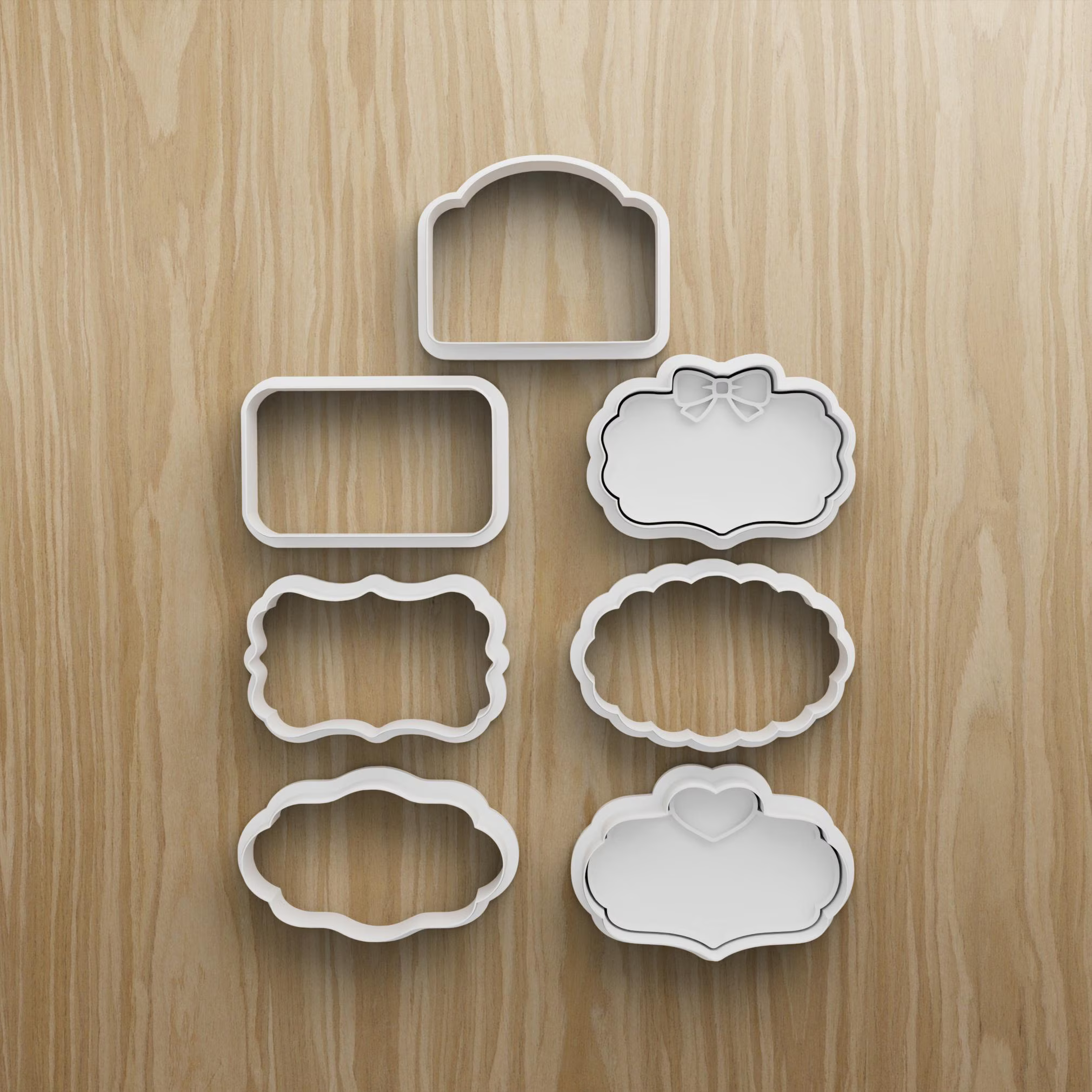 7 Plaque Cookie Cutter STL Set, Label Frames with Bow and Heart Accents
