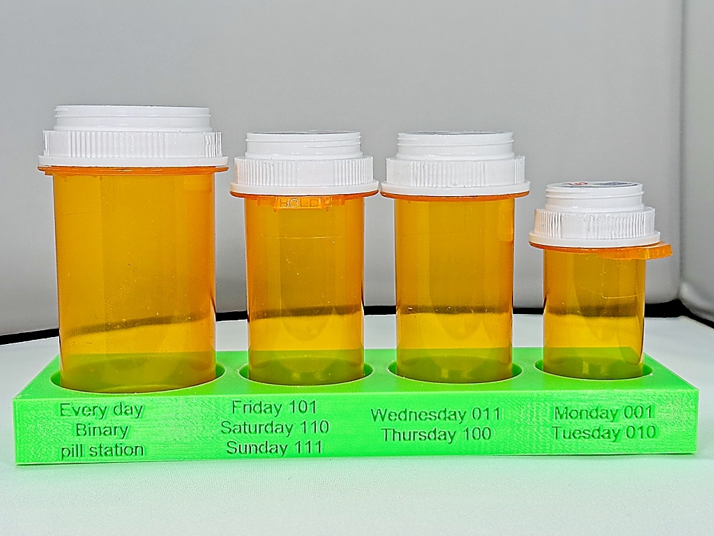 A Pill bottle stand for four Walgreens bottles one large, two medium and one small by