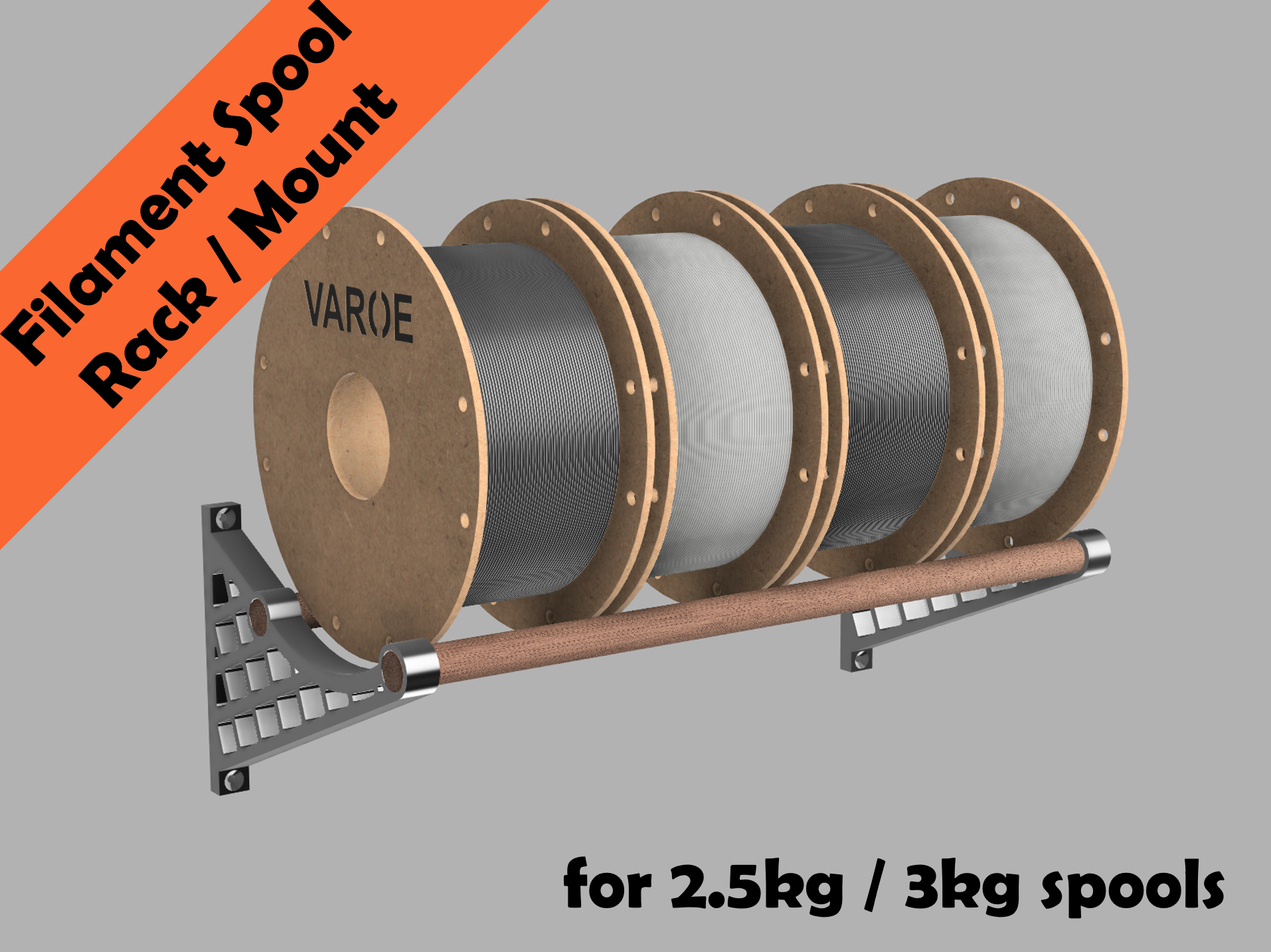 Filament Spool Wall Mount/Rack 2.5kg - VAROE 3D model thumbnail