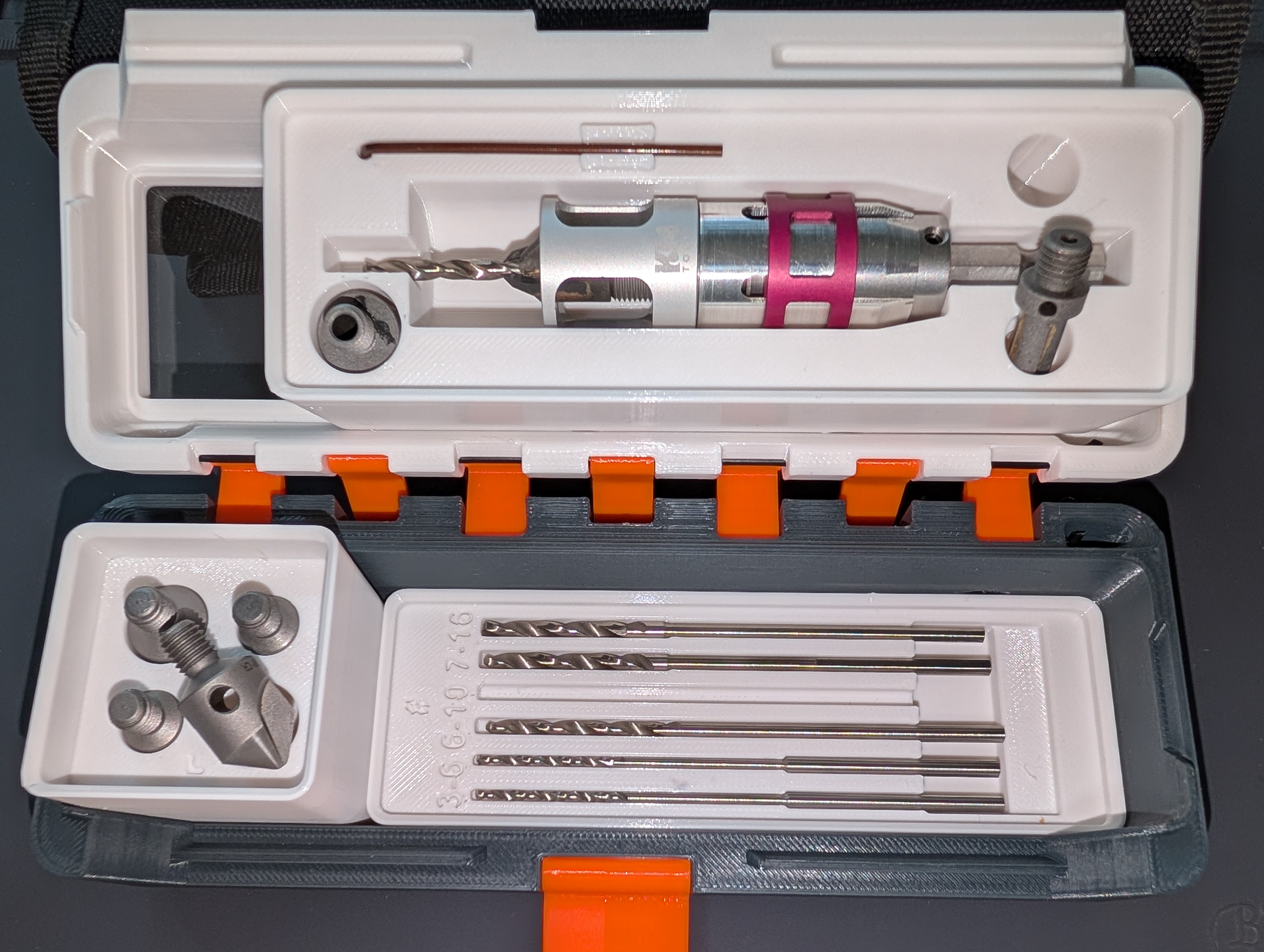 Katz-Moses Counter Sink Bit Holder and parts Bins for Modern Gridfinity Case