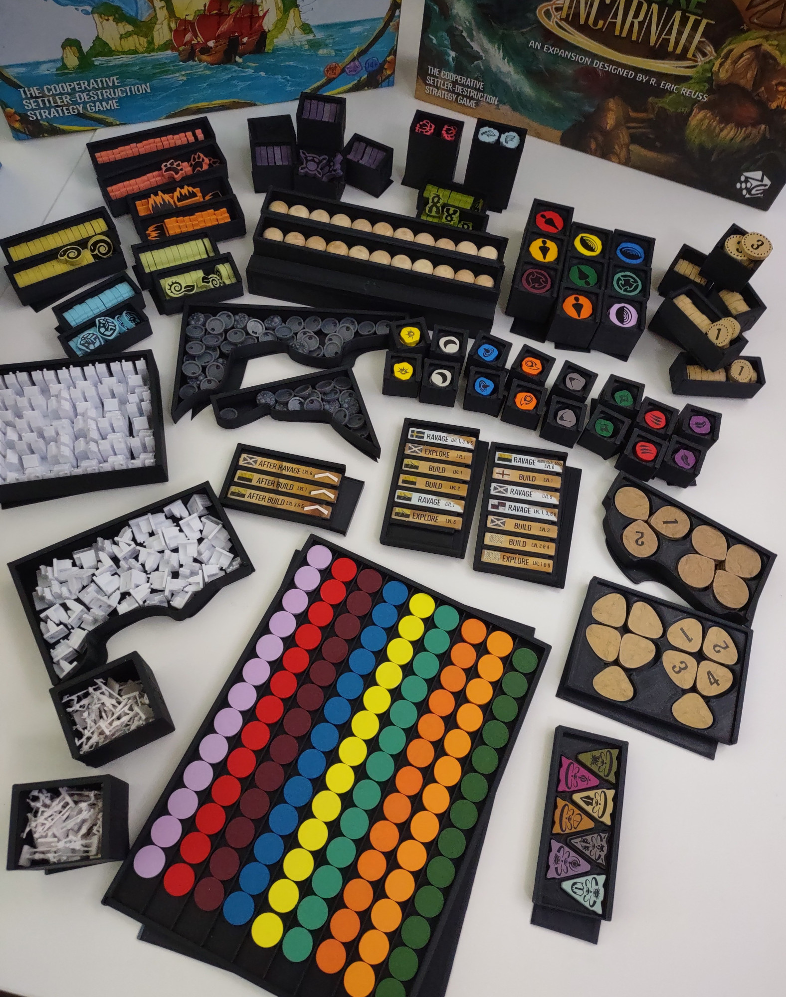 Compact Spirit Island board game inserts (all expansions + horizons, premium tokens, thick spirit boards)
