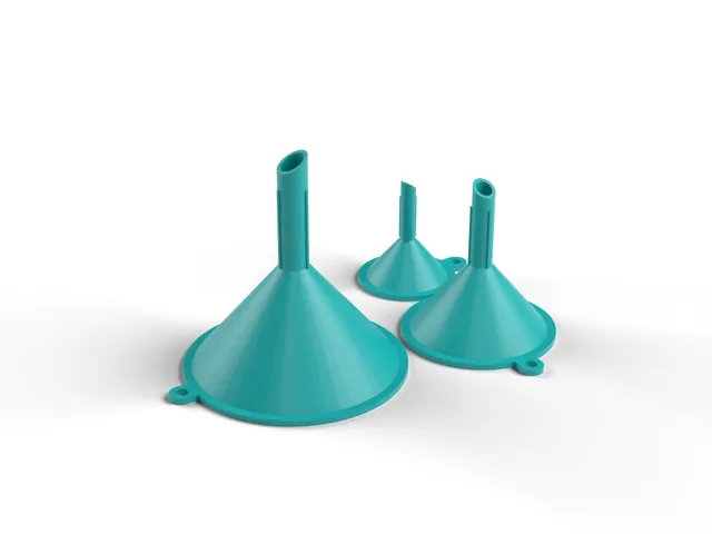 Funnel Set - 3 Nesting Funnels (100, 70, 45 mm) with Long Spouts and Hanging Tabs, No Supports (OpenSCAD)