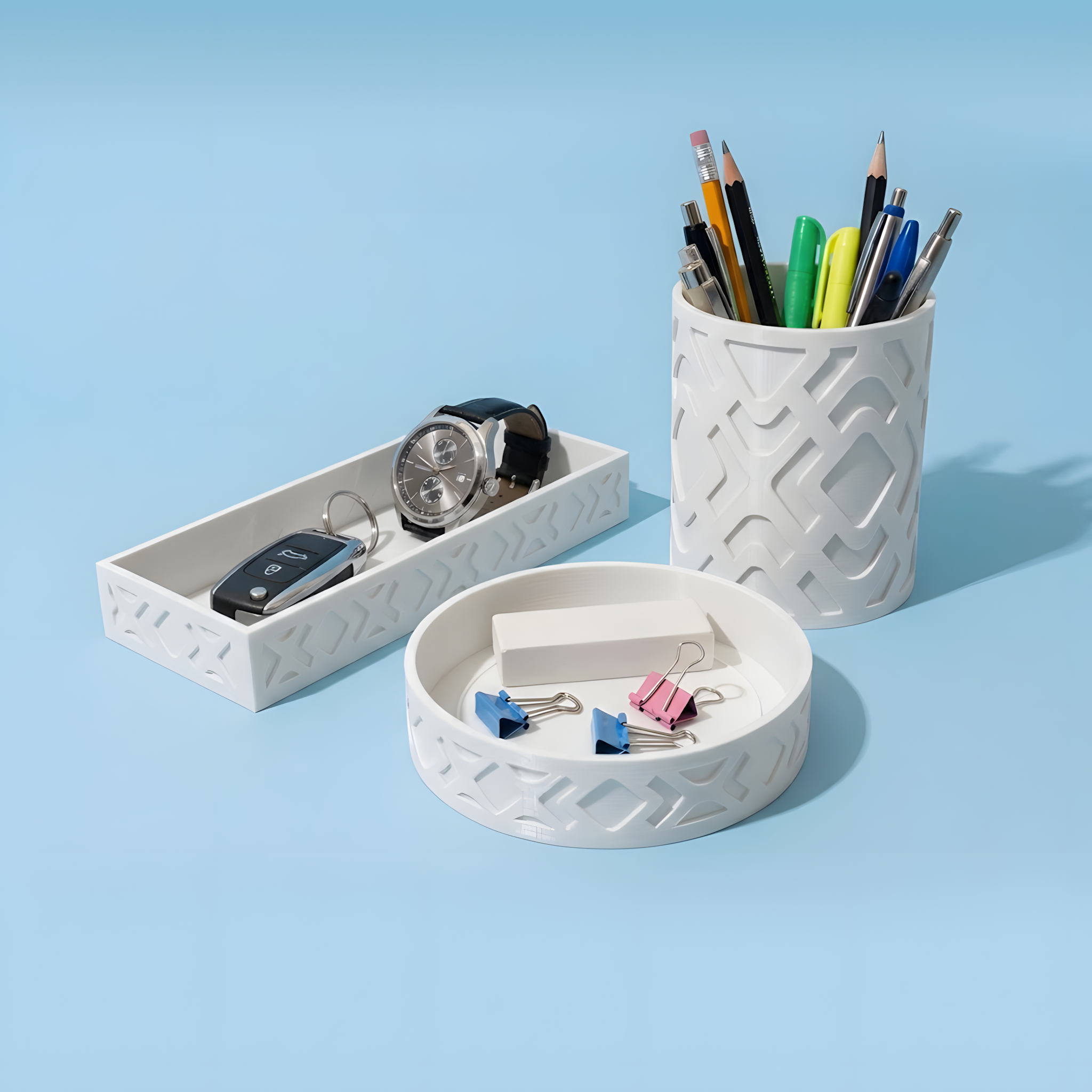 Geometric Desk Organizer Set | Pen Holder, Tray & Catchall Dish STL